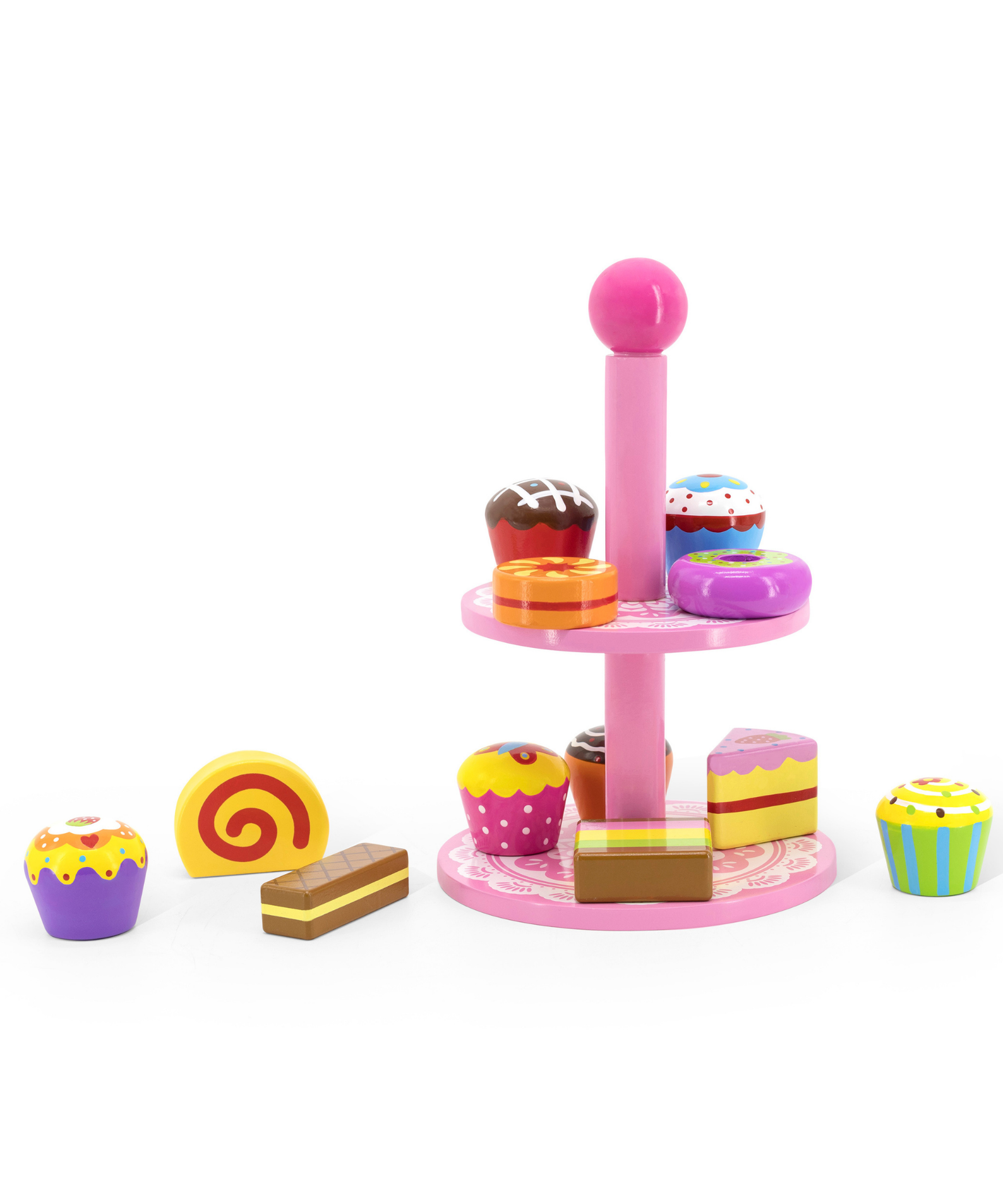 VIGA Wooden Cupcake Stand Toy  12-Piece Pretend Play Dessert Set with Cookies and Cupcakes  Safe Educational Roleplay Toy for Children Aged 3 and Up