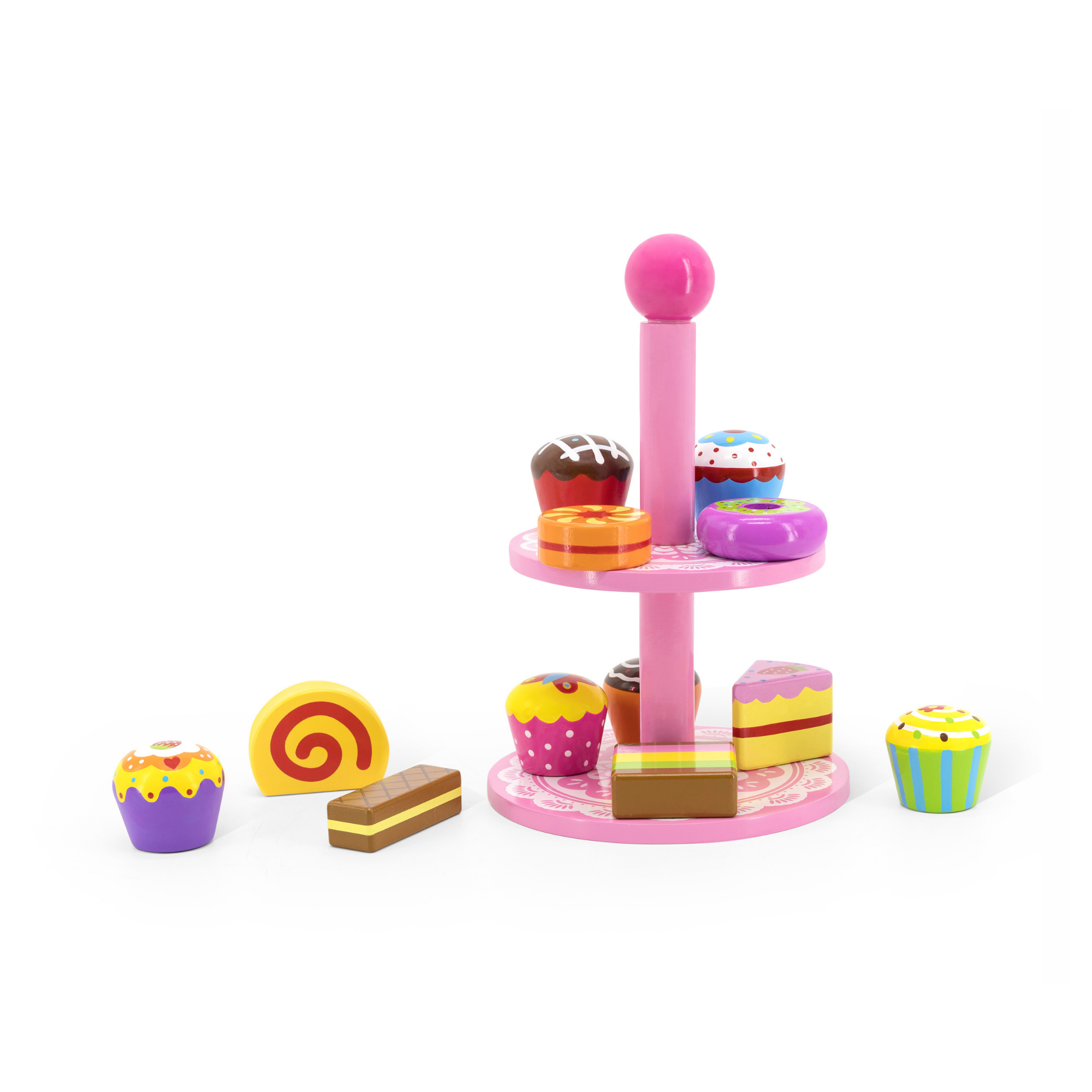 VIGA Wooden Cupcake Stand Toy  12-Piece Pretend Play Dessert Set with Cookies and Cupcakes  Safe Educational Roleplay Toy for Children Aged 3 and Up