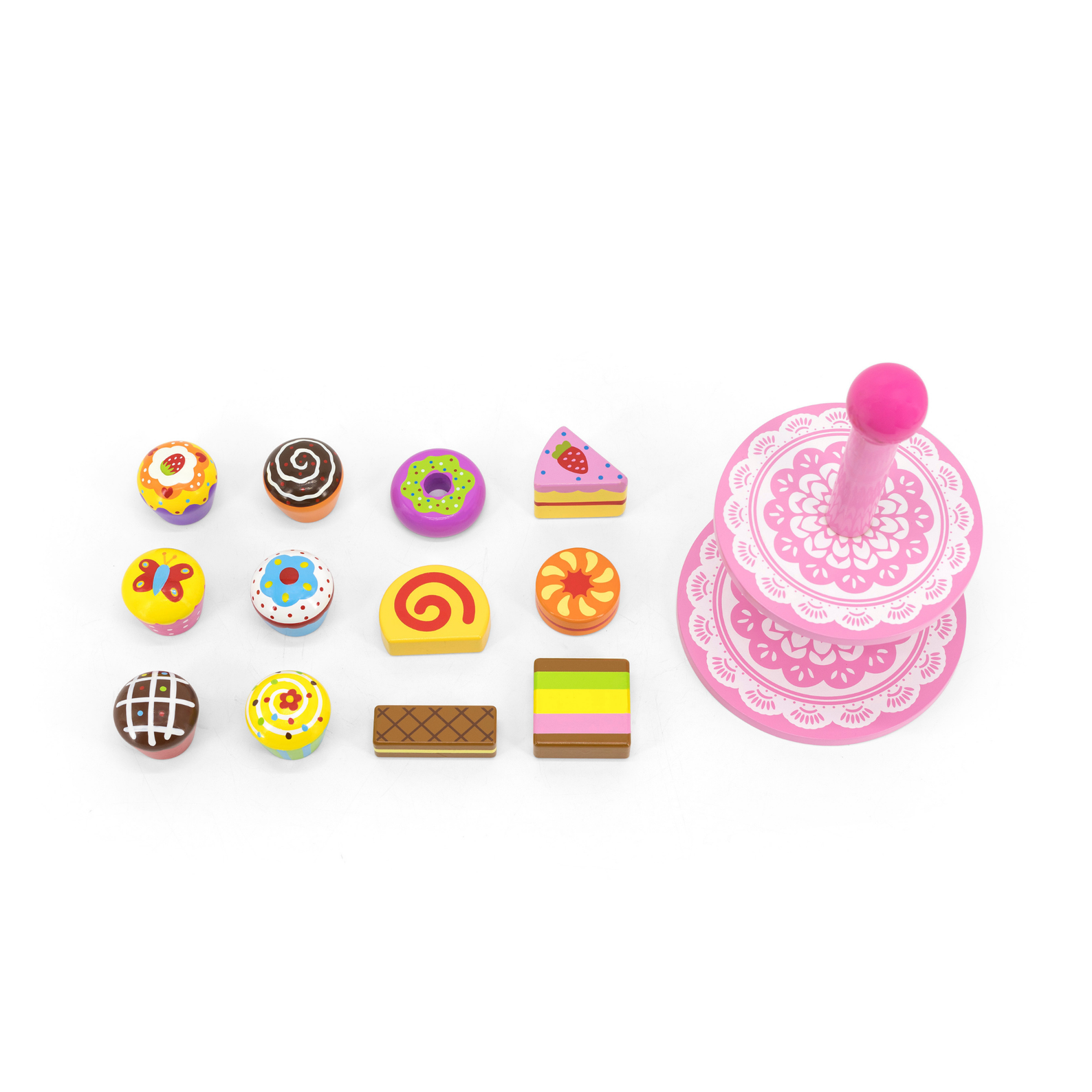 VIGA Wooden Cupcake Stand Toy  12-Piece Pretend Play Dessert Set with Cookies and Cupcakes  Safe Educational Roleplay Toy for Children Aged 3 and Up