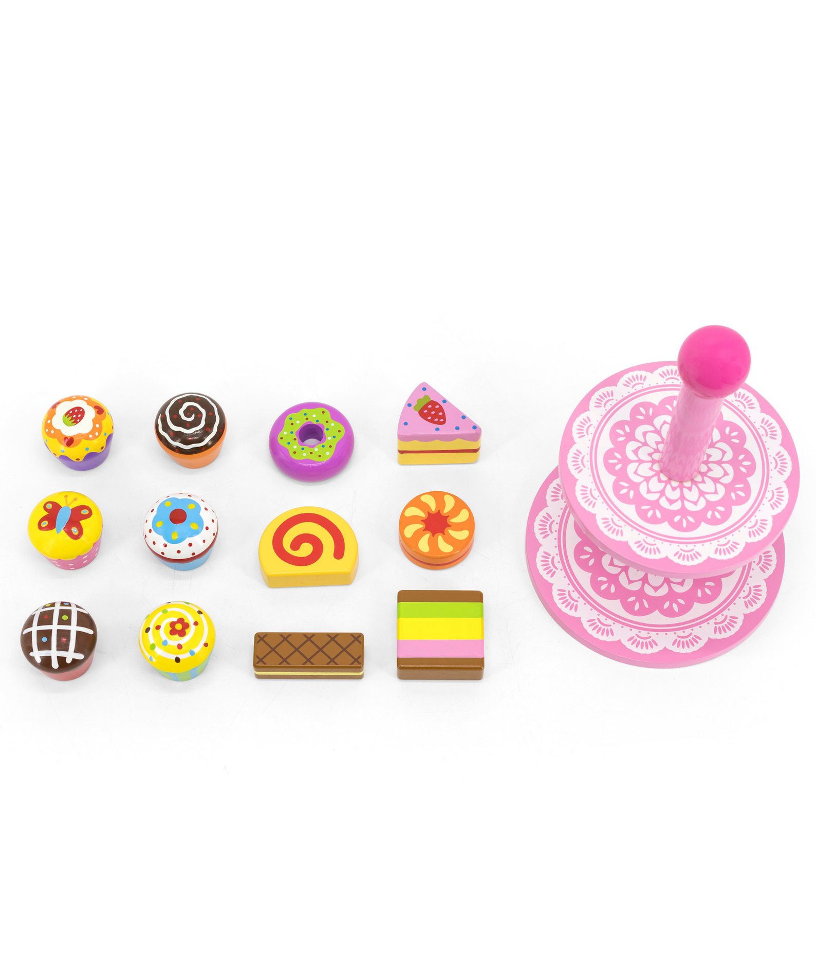 VIGA Wooden Cupcake Stand Toy  12-Piece Pretend Play Dessert Set with Cookies and Cupcakes  Safe Educational Roleplay Toy for Children Aged 3 and Up