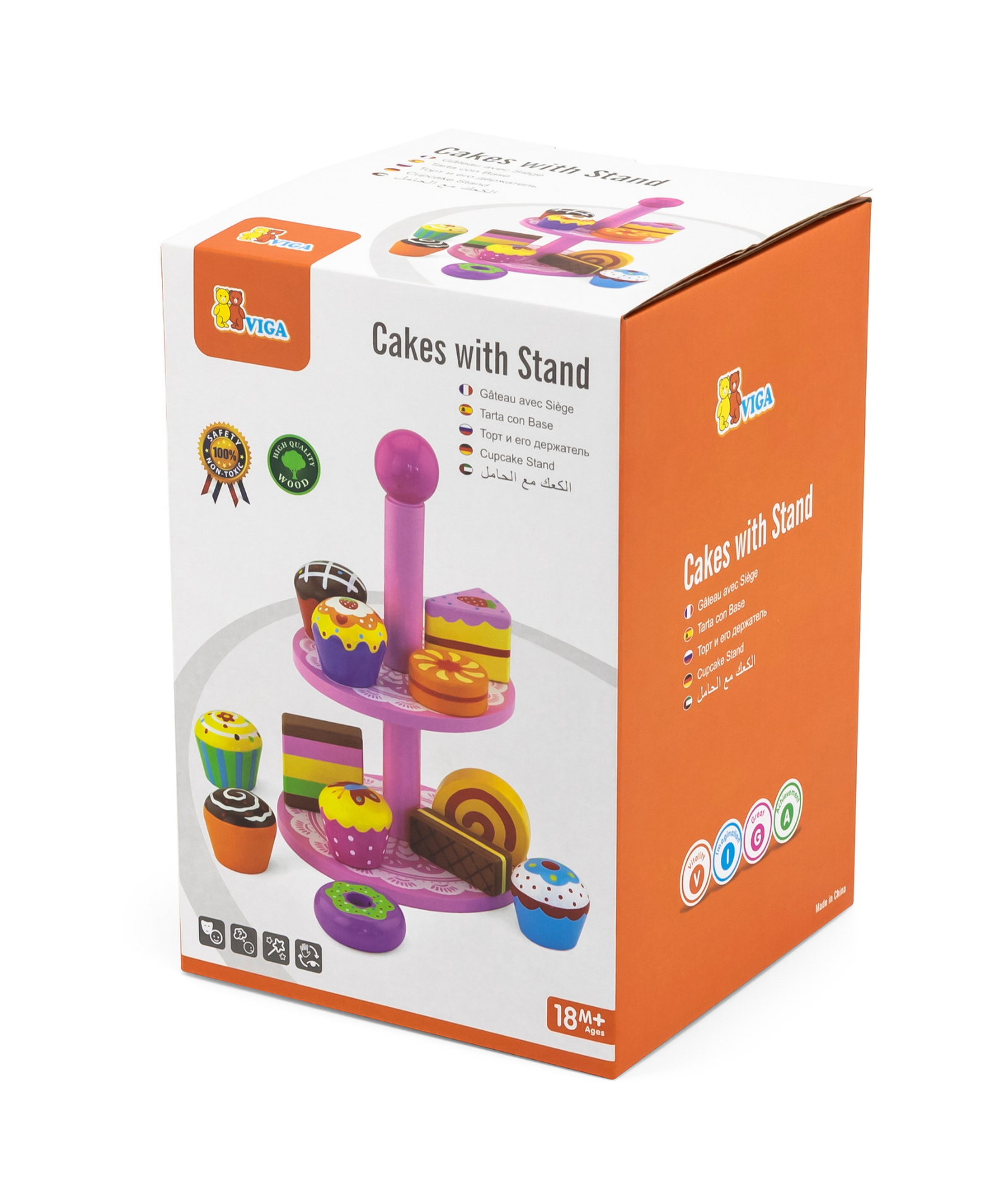 VIGA Wooden Cupcake Stand Toy  12-Piece Pretend Play Dessert Set with Cookies and Cupcakes  Safe Educational Roleplay Toy for Children Aged 3 and Up