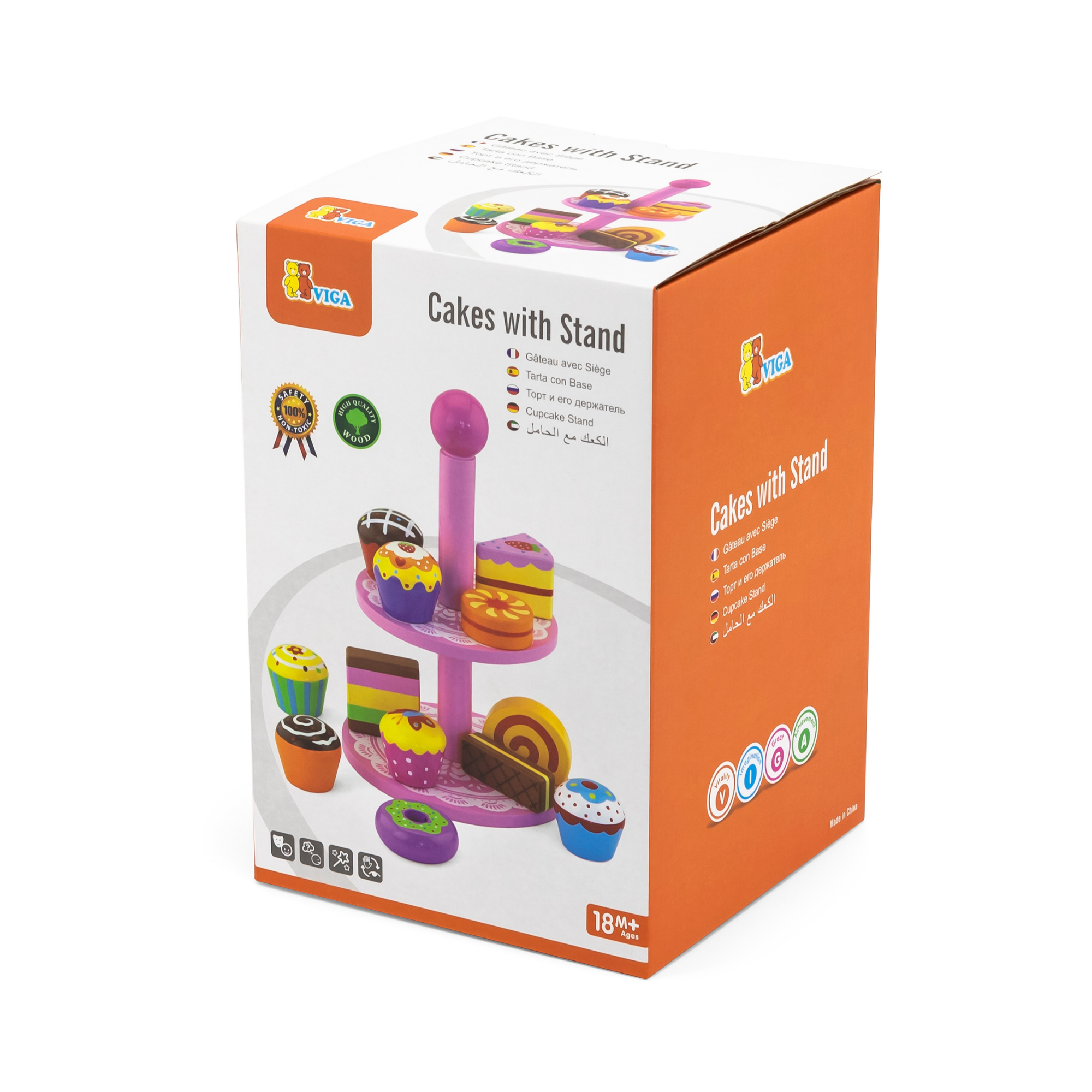 VIGA Wooden Cupcake Stand Toy  12-Piece Pretend Play Dessert Set with Cookies and Cupcakes  Safe Educational Roleplay Toy for Children Aged 3 and Up