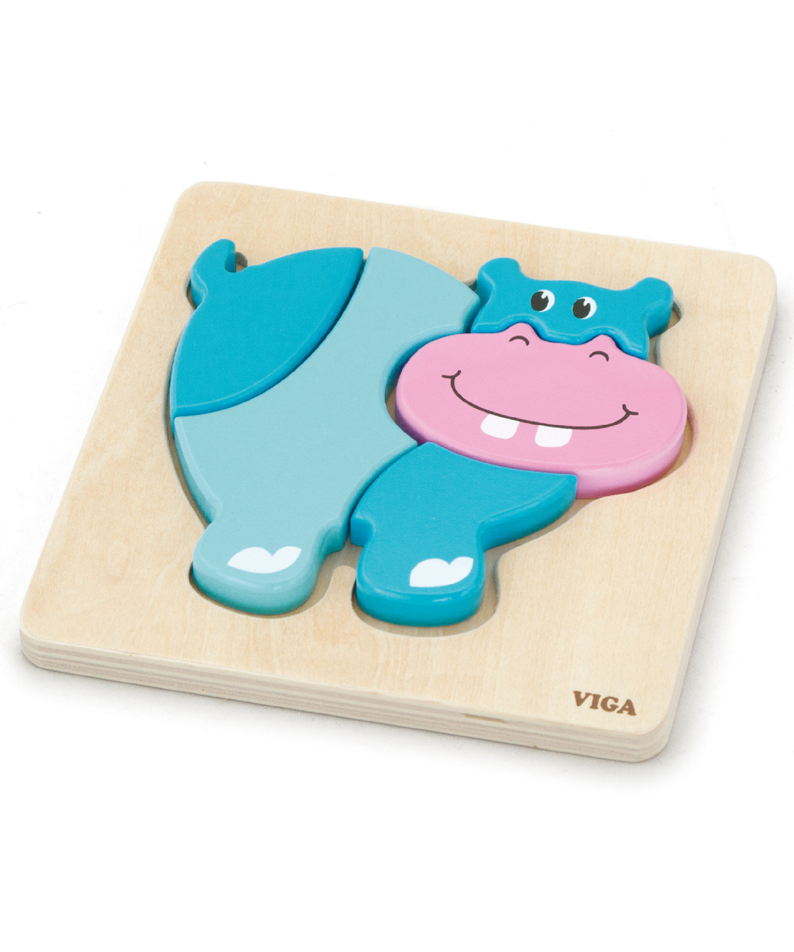 Viga Hippo, 4 Piece Block Puzzle, Montessori Wooden Toy, Develops Sensory, Cognitive & Fine Motor Skills, Non-Toxic & Eco-friendly Kids Educational Toy, Suitable for Boys and Girls Aged 18M+