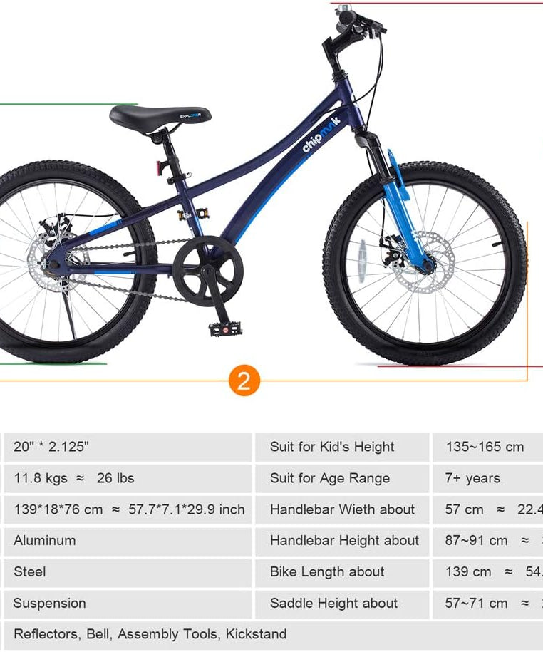 Chipmunk Explorer 20 Inch Bicycle with Lightweight Aluminium Frame, Adjustable Seat and Handle, Front + Rear Brakes, 95% Pre-Assembled Kid's Bikes with Kickstand for Children 8-12 Years Old, Blue
