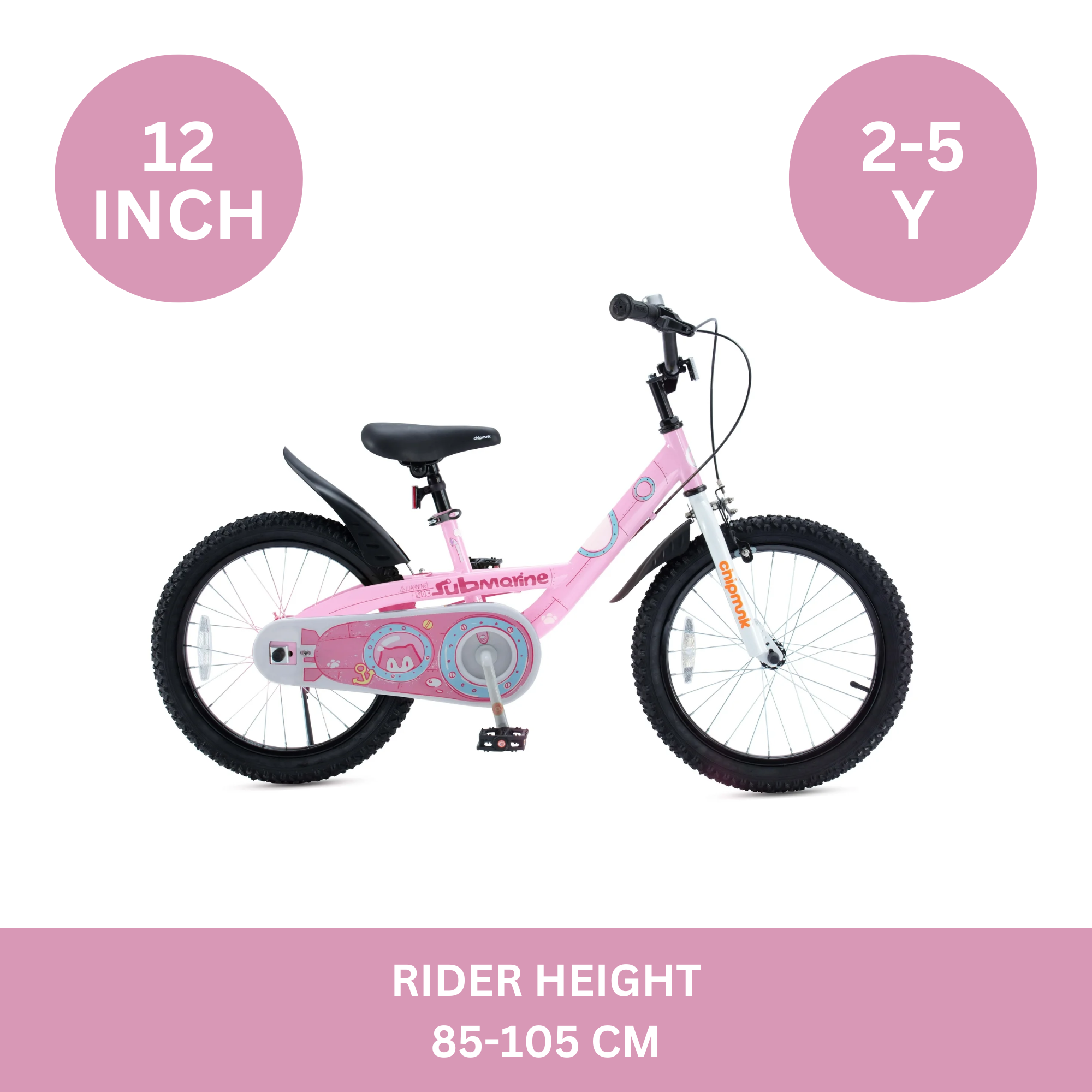 Chipmunk Submarine 12 Inch Bicycle with Lightweight Steel Frame, Adjustable Seat and Handle, Front + Rear Brakes, 95% Pre-Assembled Kid's Bikes with Training Wheels for Children 2-5 Years Old, Pink