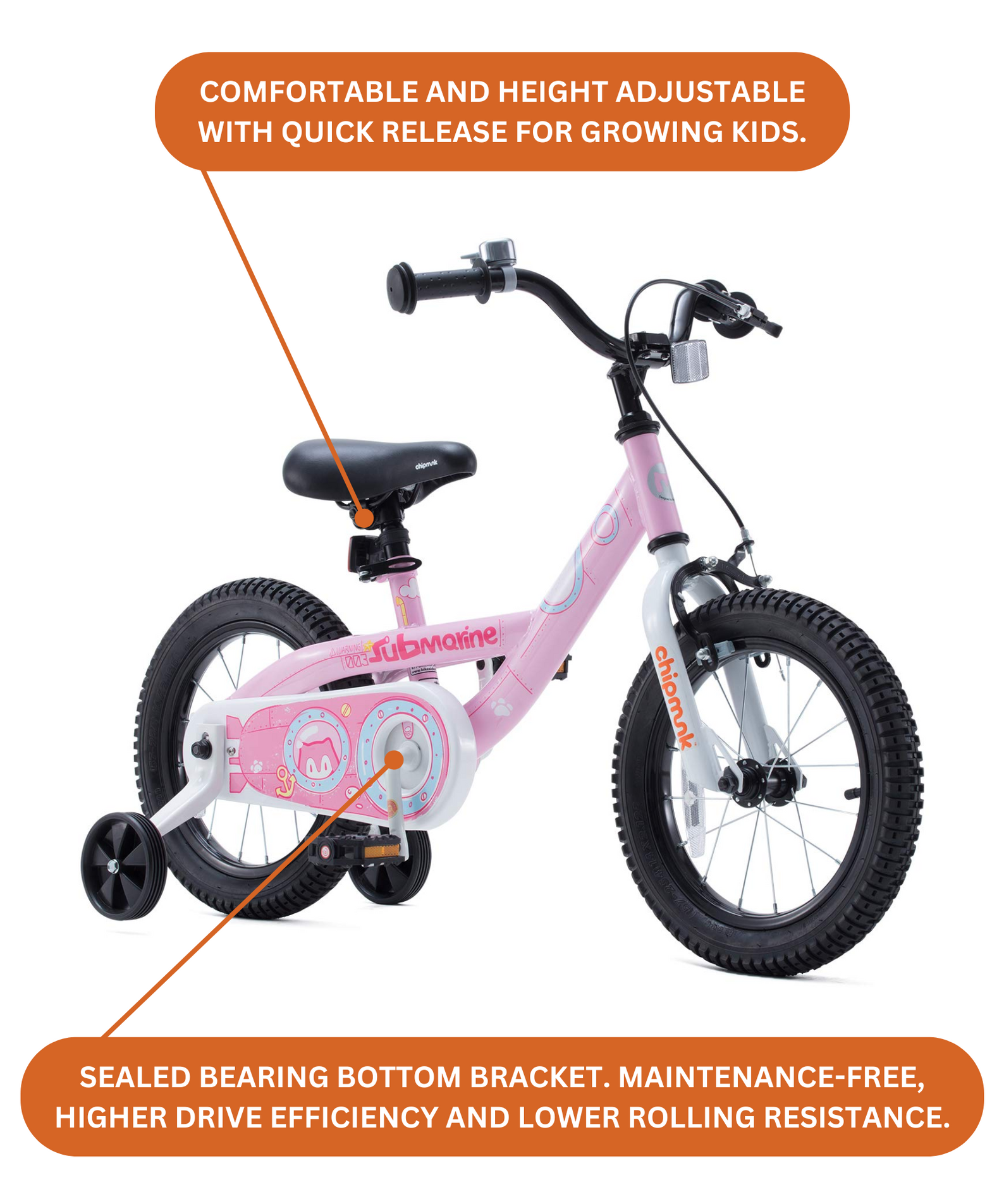 Chipmunk Submarine 18 Inch Bicycle with Lightweight Steel Frame, Adjustable Seat and Handle, Front + Rear Brakes, 95% Pre-Assembled Kid's Bikes with Training Wheels for Children 6-9 Years Old, Pink