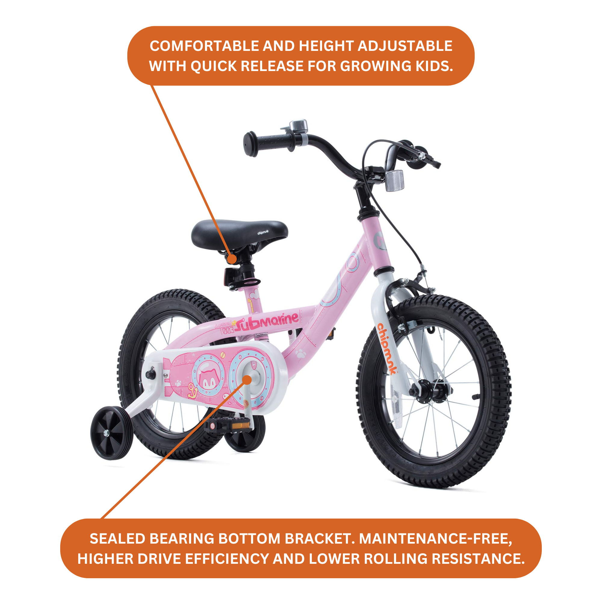 Chipmunk Submarine 14 Inch Bicycle with Lightweight Steel Frame, Adjustable Seat and Handle, Front + Rear Brakes, 95% Pre-Assembled Kid's Bikes with Training Wheels for Children 3-6 Years Old, Pink