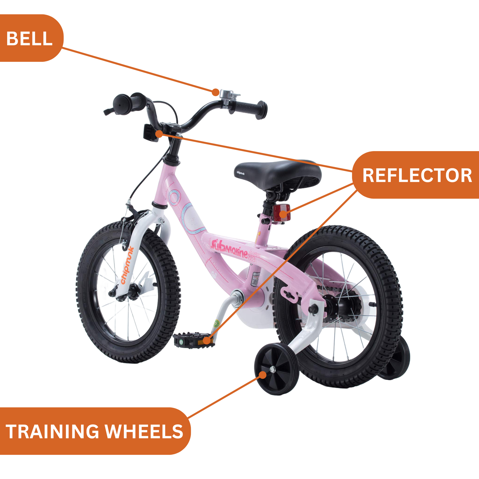Chipmunk Submarine 18 Inch Bicycle with Lightweight Steel Frame, Adjustable Seat and Handle, Front + Rear Brakes, 95% Pre-Assembled Kid's Bikes with Training Wheels for Children 6-9 Years Old, Pink