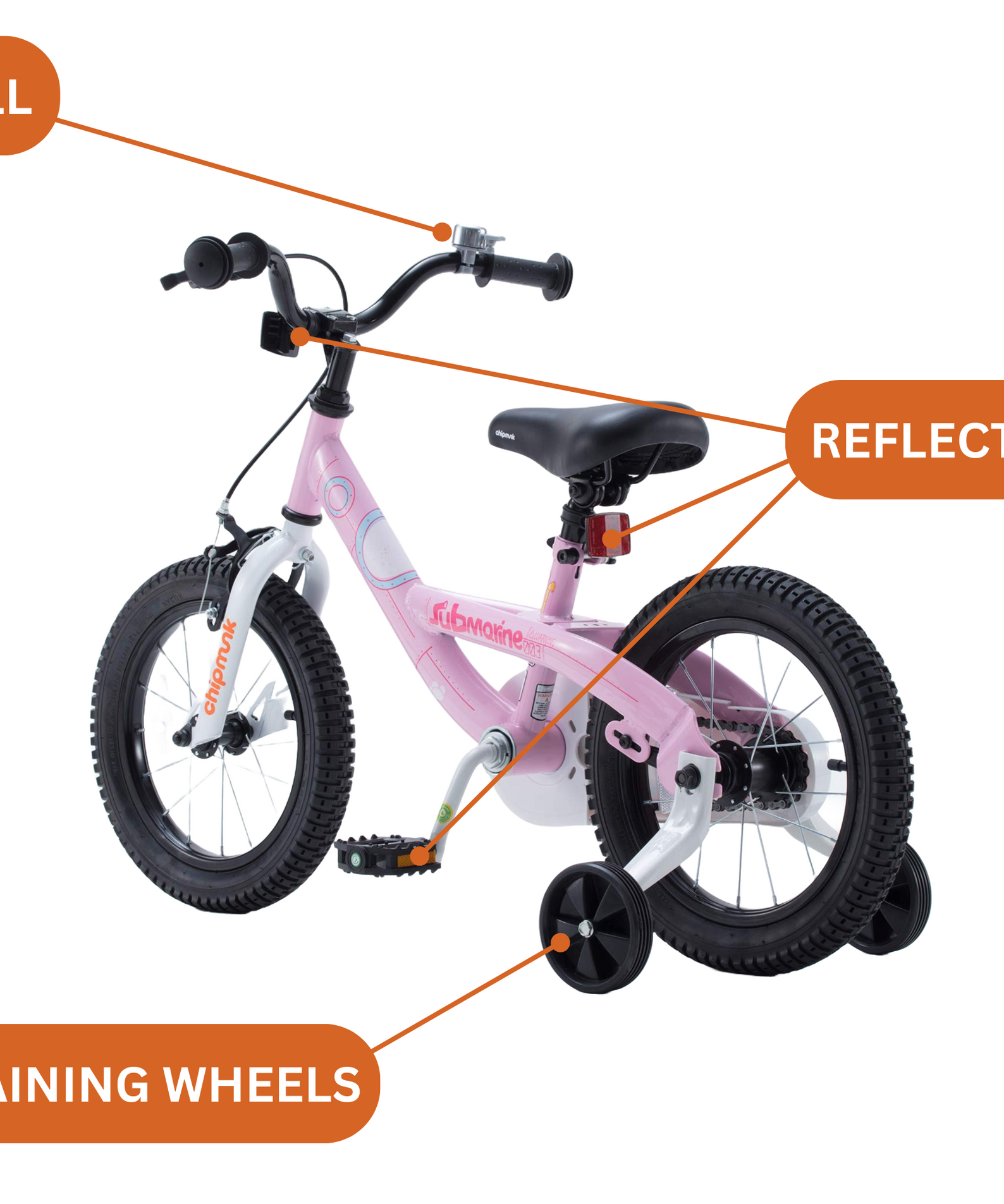 Chipmunk Submarine 12 Inch Bicycle with Lightweight Steel Frame, Adjustable Seat and Handle, Front + Rear Brakes, 95% Pre-Assembled Kid's Bikes with Training Wheels for Children 2-5 Years Old, Pink
