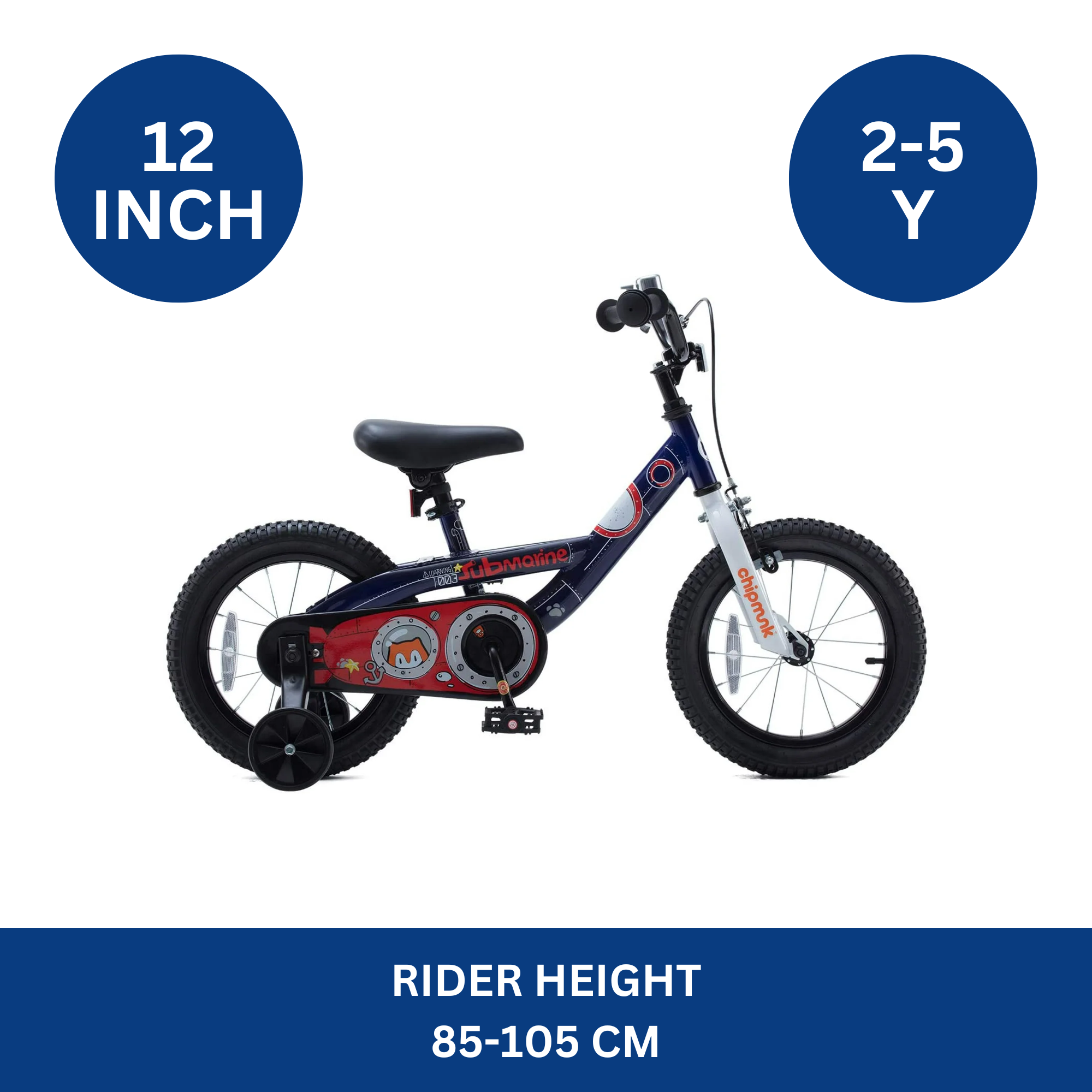 Chipmunk Submarine 12 Inch Bicycle with Lightweight Steel Frame, Adjustable Seat and Handle, Front + Rear Brakes, 95% Pre-Assembled Kid's Bikes with Training Wheels for Children 2-5 Years Old, Navy