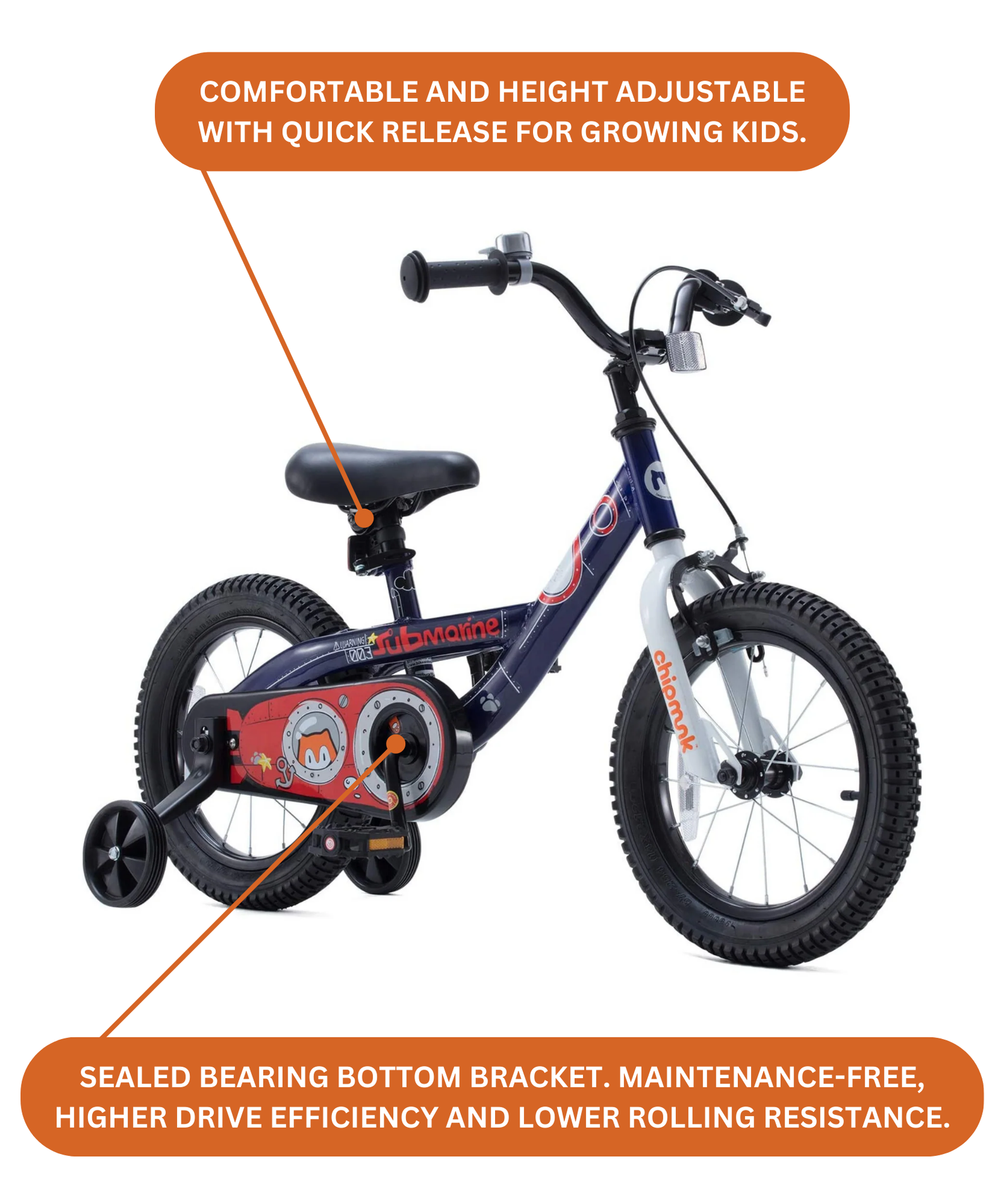 Chipmunk Submarine 18 Inch Bicycle with Lightweight Steel Frame, Adjustable Seat and Handle, Front + Rear Brakes, 95% Pre-Assembled Kid's Bikes with Training Wheels for Children 6-9 Years Old, Navy
