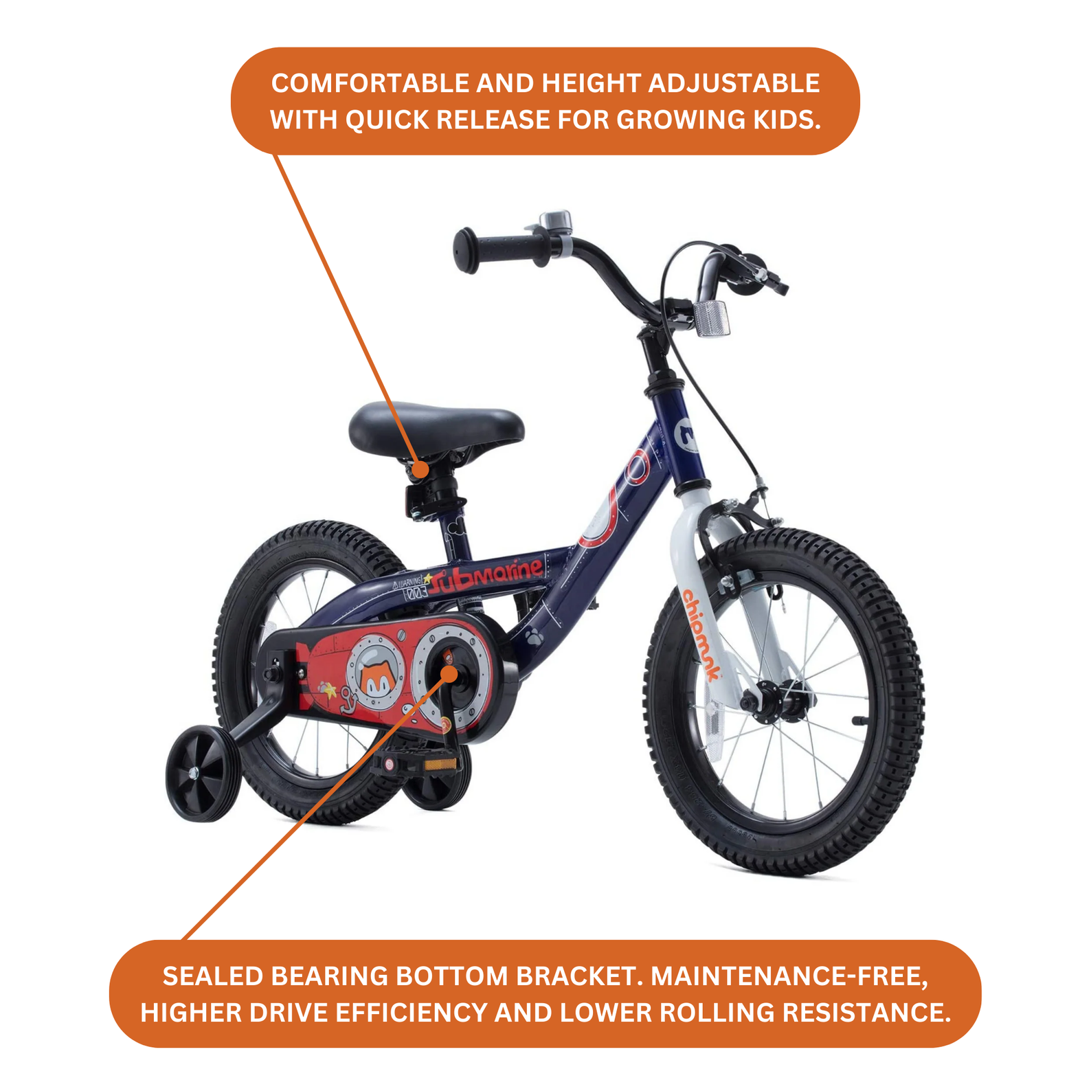 Chipmunk Submarine 14 Inch Bicycle with Lightweight Steel Frame, Adjustable Seat and Handle, Front + Rear Brakes, 95% Pre-Assembled Kid's Bikes with Training Wheels for Children 3-6 Years Old, Navy