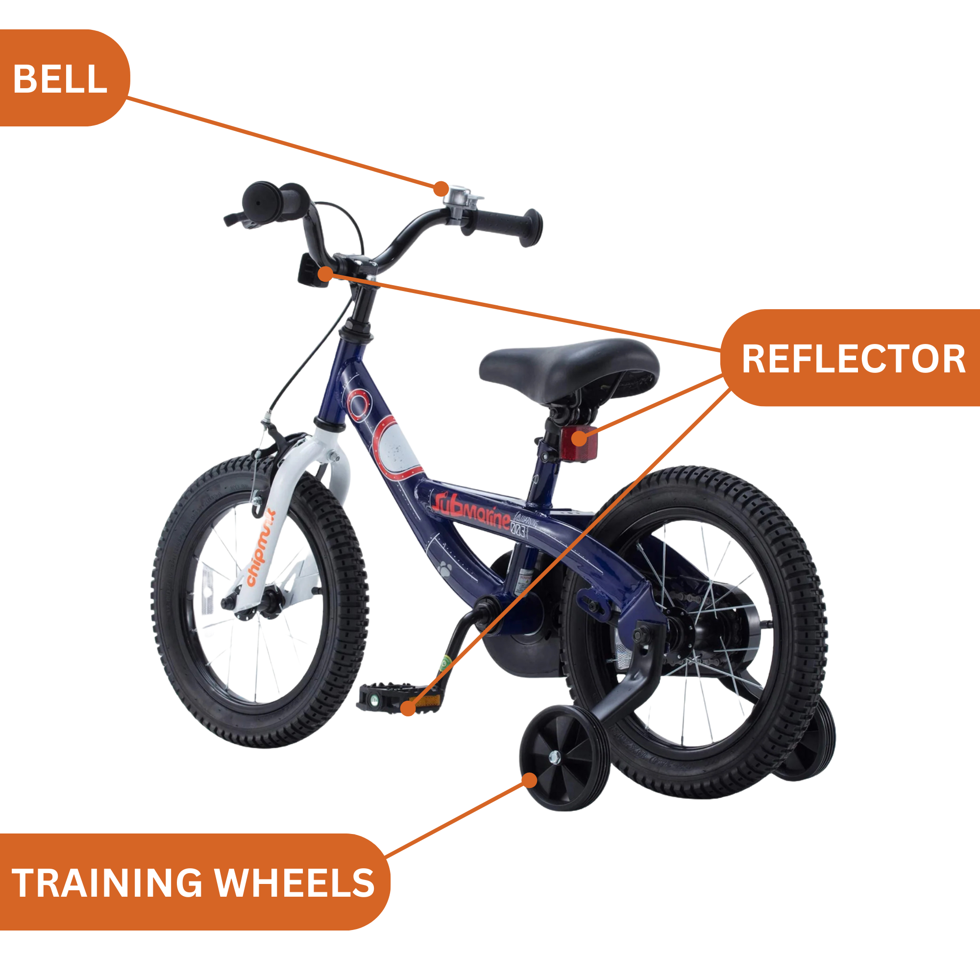 Chipmunk Submarine 18 Inch Bicycle with Lightweight Steel Frame, Adjustable Seat and Handle, Front + Rear Brakes, 95% Pre-Assembled Kid's Bikes with Training Wheels for Children 6-9 Years Old, Navy