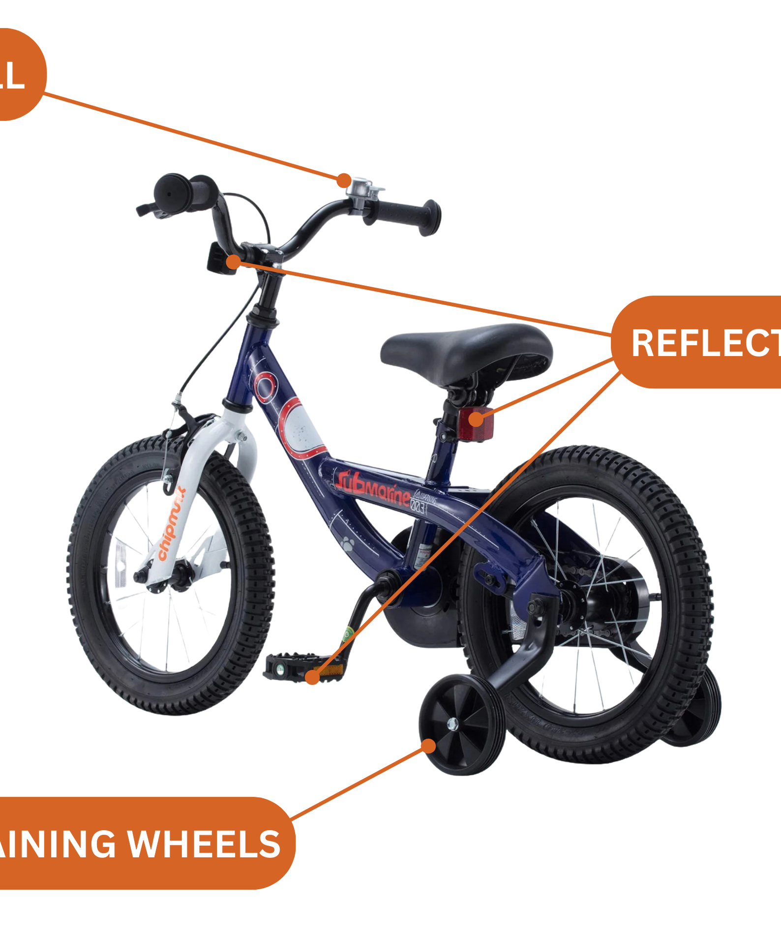 Chipmunk Submarine 16 Inch Bicycle with Lightweight Steel Frame, Adjustable Seat and Handle, Front + Rear Brakes, 95% Pre-Assembled Kid's Bikes with Training Wheels for Children 4-7 Years Old, Navy