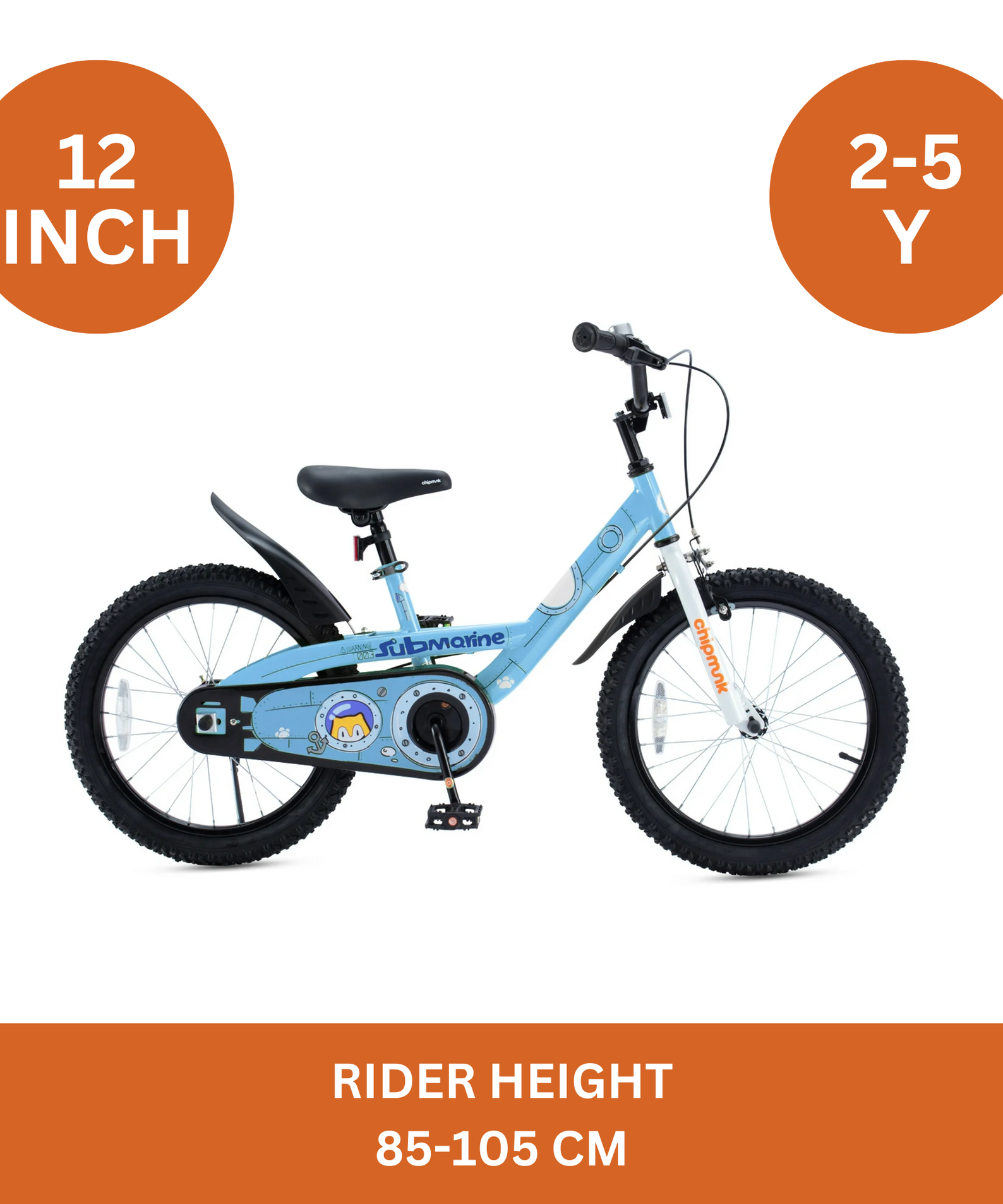 Chipmunk Submarine 12 Inch Bicycle with Lightweight Steel Frame, Adjustable Seat and Handle, Front + Rear Brakes, 95% Pre-Assembled Kid's Bikes with Training Wheels for Children 2-5 Years Old, Blue