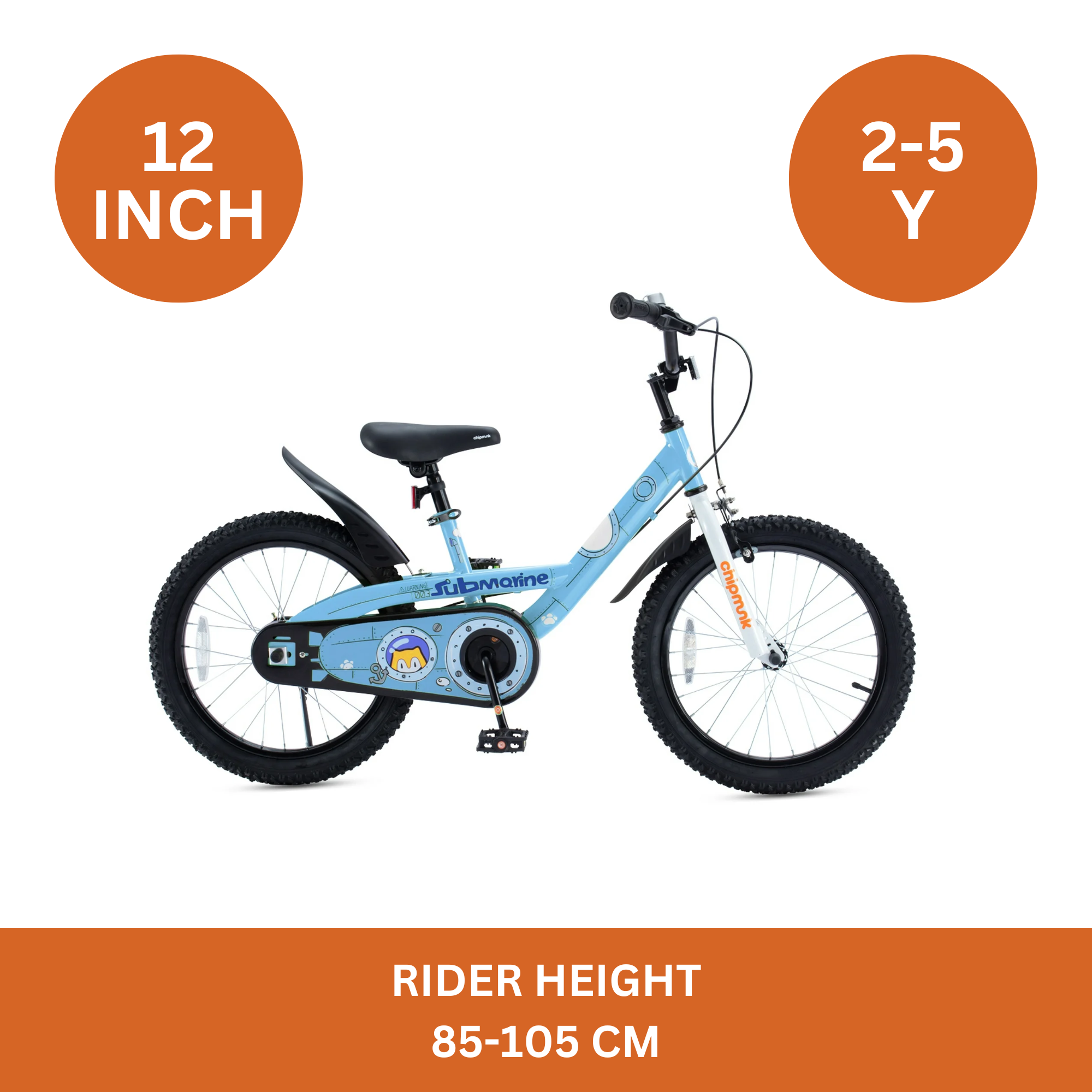 Chipmunk Submarine 12 Inch Bicycle with Lightweight Steel Frame, Adjustable Seat and Handle, Front + Rear Brakes, 95% Pre-Assembled Kid's Bikes with Training Wheels for Children 2-5 Years Old, Blue