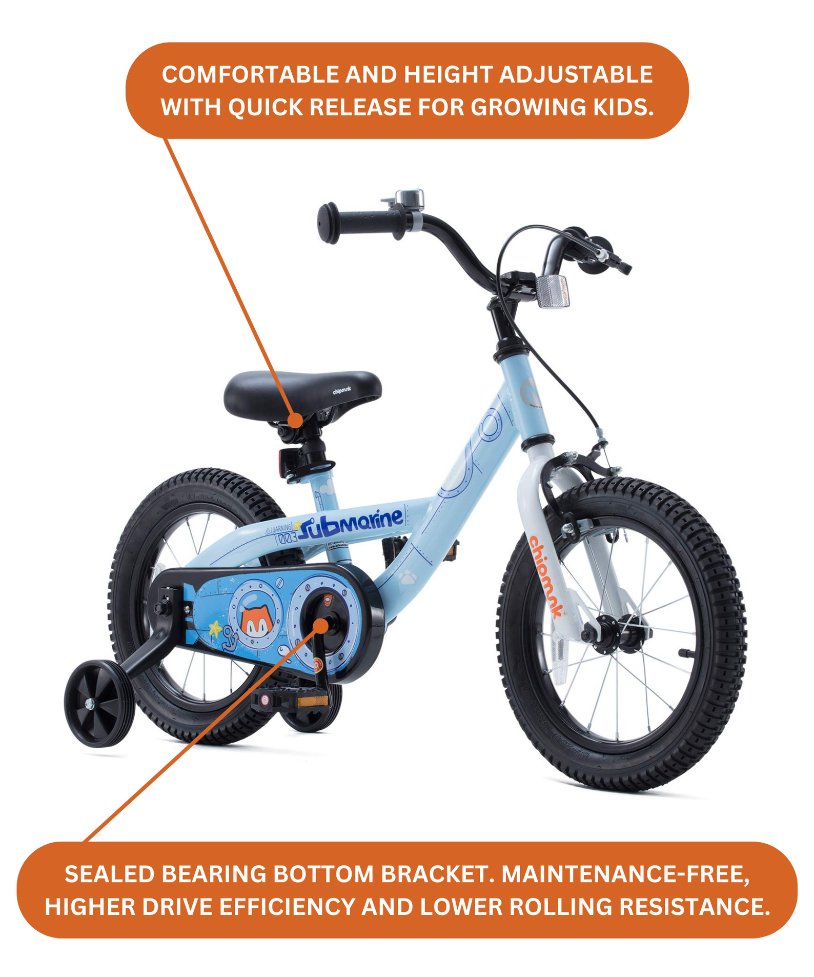 Chipmunk Submarine 18 Inch Bicycle with Lightweight Steel Frame, Adjustable Seat and Handle, Front + Rear Brakes, 95% Pre-Assembled Kid's Bikes with Training Wheels for Children 6-9 Years Old, Blue