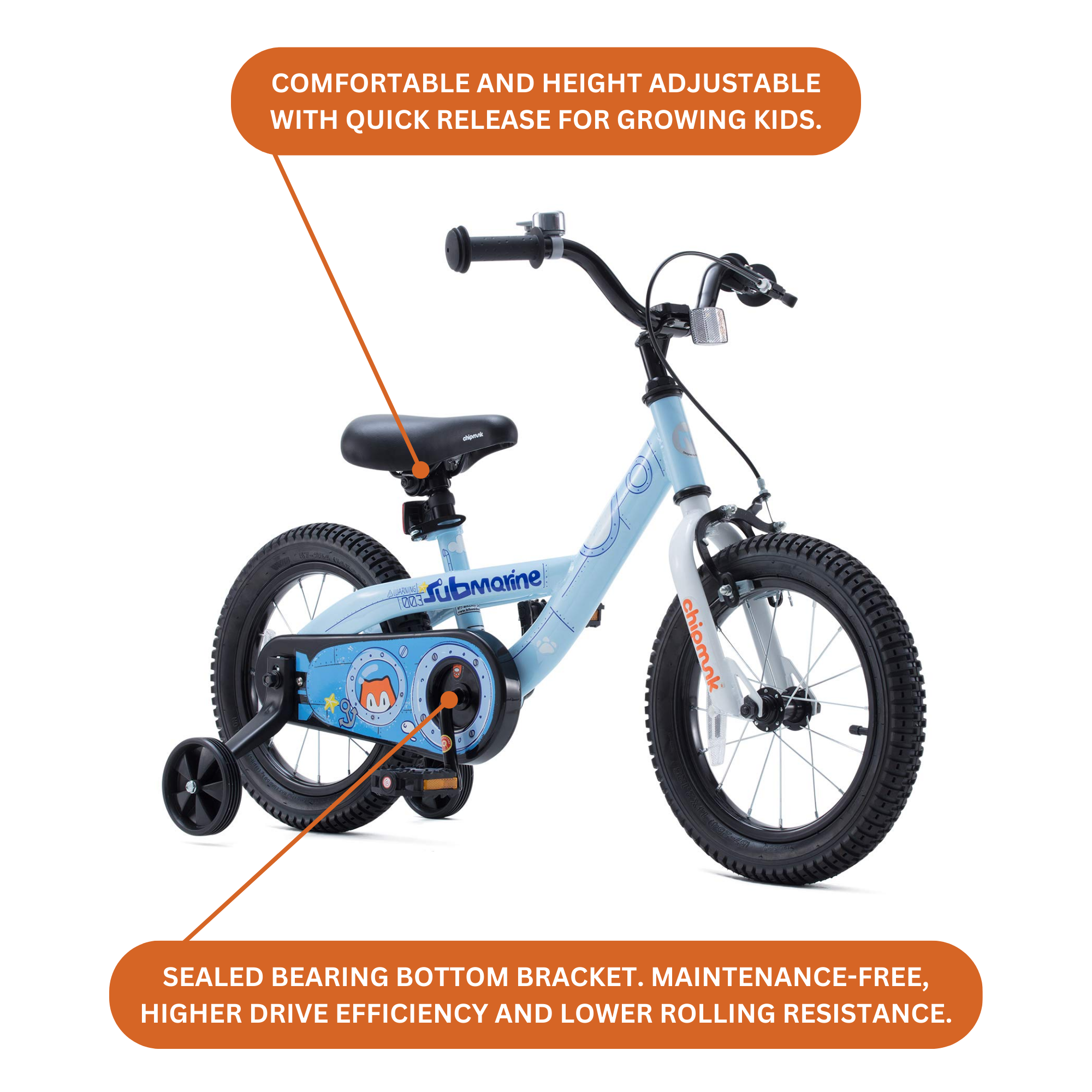 Chipmunk Submarine 14 Inch Bicycle with Lightweight Steel Frame, Adjustable Seat and Handle, Front + Rear Brakes, 95% Pre-Assembled Kid's Bikes with Training Wheels for Children 3-6 Years Old, Blue