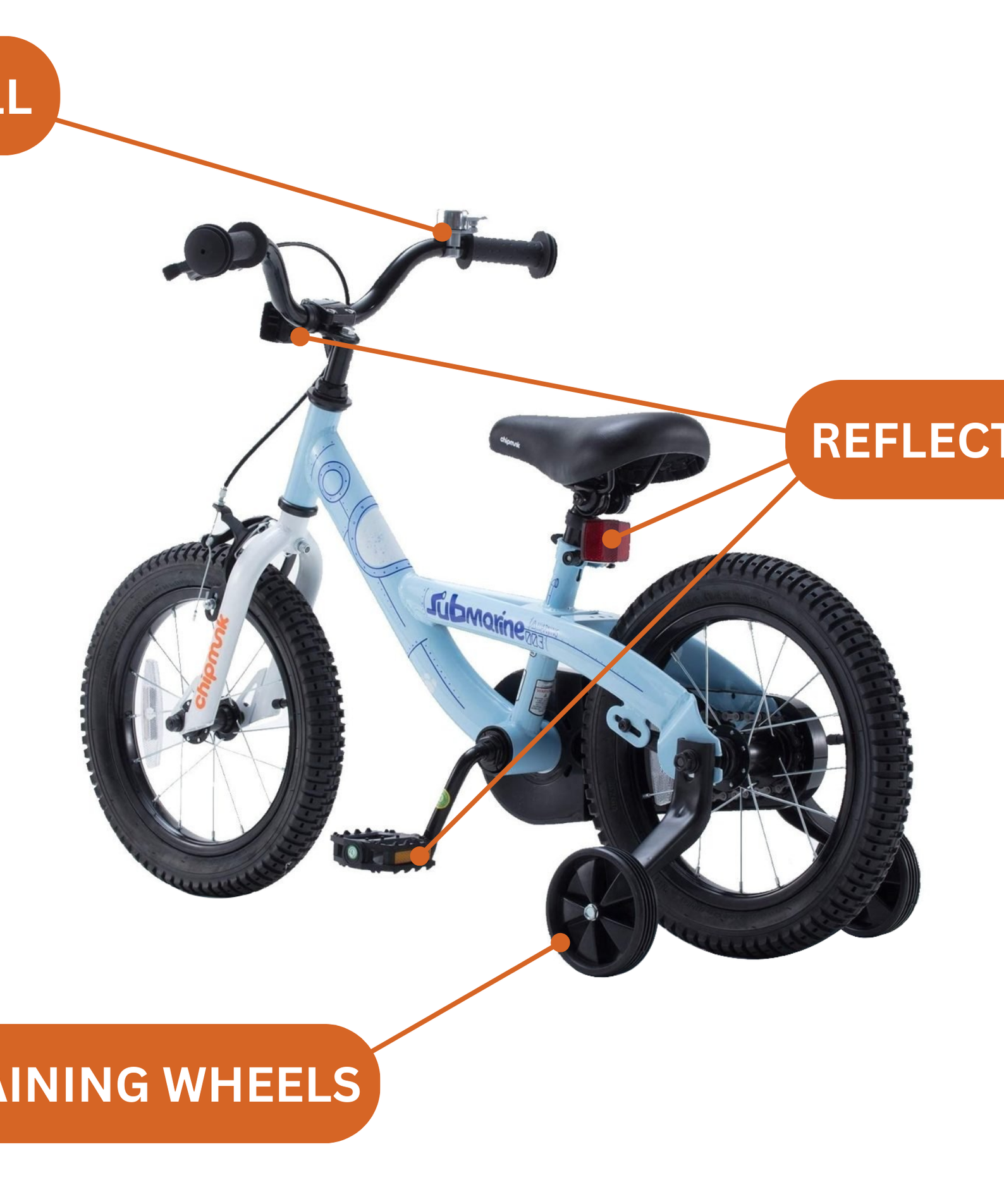 Chipmunk Submarine 18 Inch Bicycle with Lightweight Steel Frame, Adjustable Seat and Handle, Front + Rear Brakes, 95% Pre-Assembled Kid's Bikes with Training Wheels for Children 6-9 Years Old, Blue