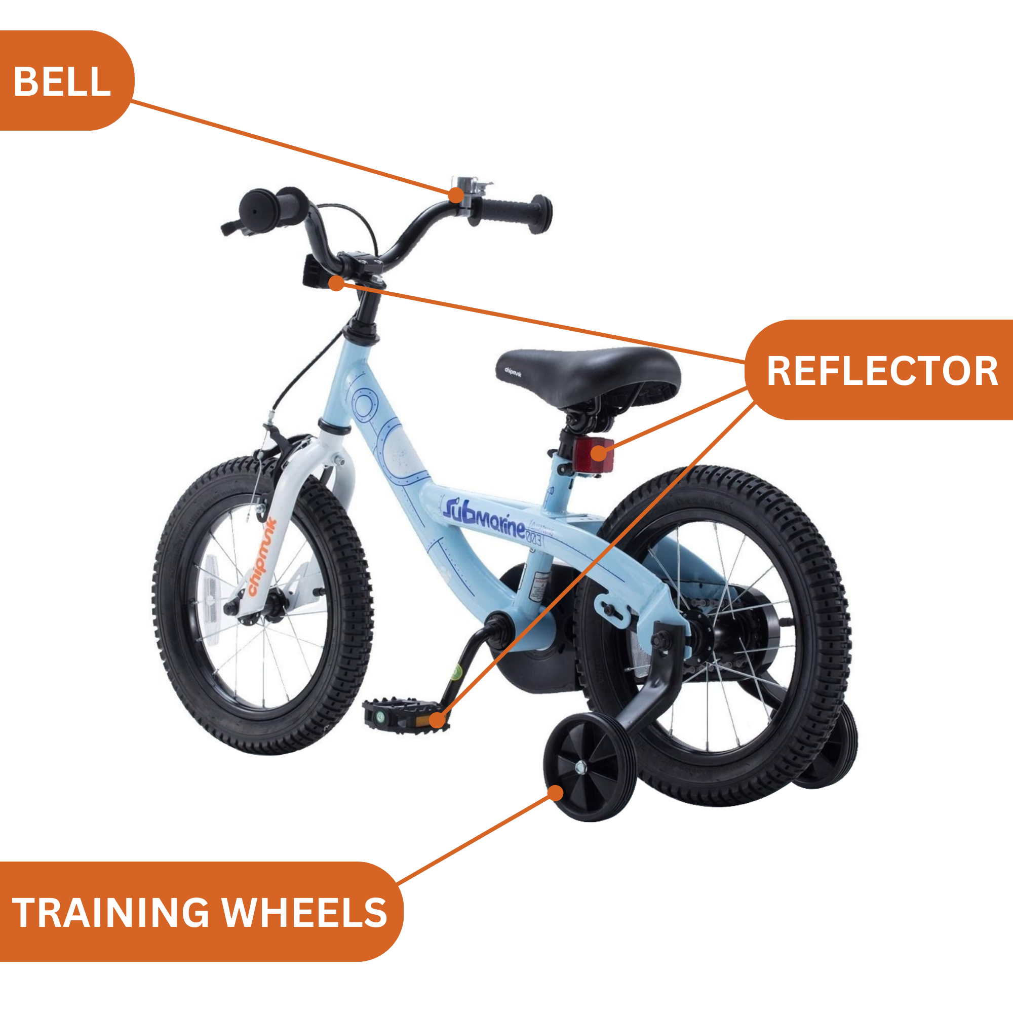 Chipmunk Submarine 14 Inch Bicycle with Lightweight Steel Frame, Adjustable Seat and Handle, Front + Rear Brakes, 95% Pre-Assembled Kid's Bikes with Training Wheels for Children 3-6 Years Old, Blue