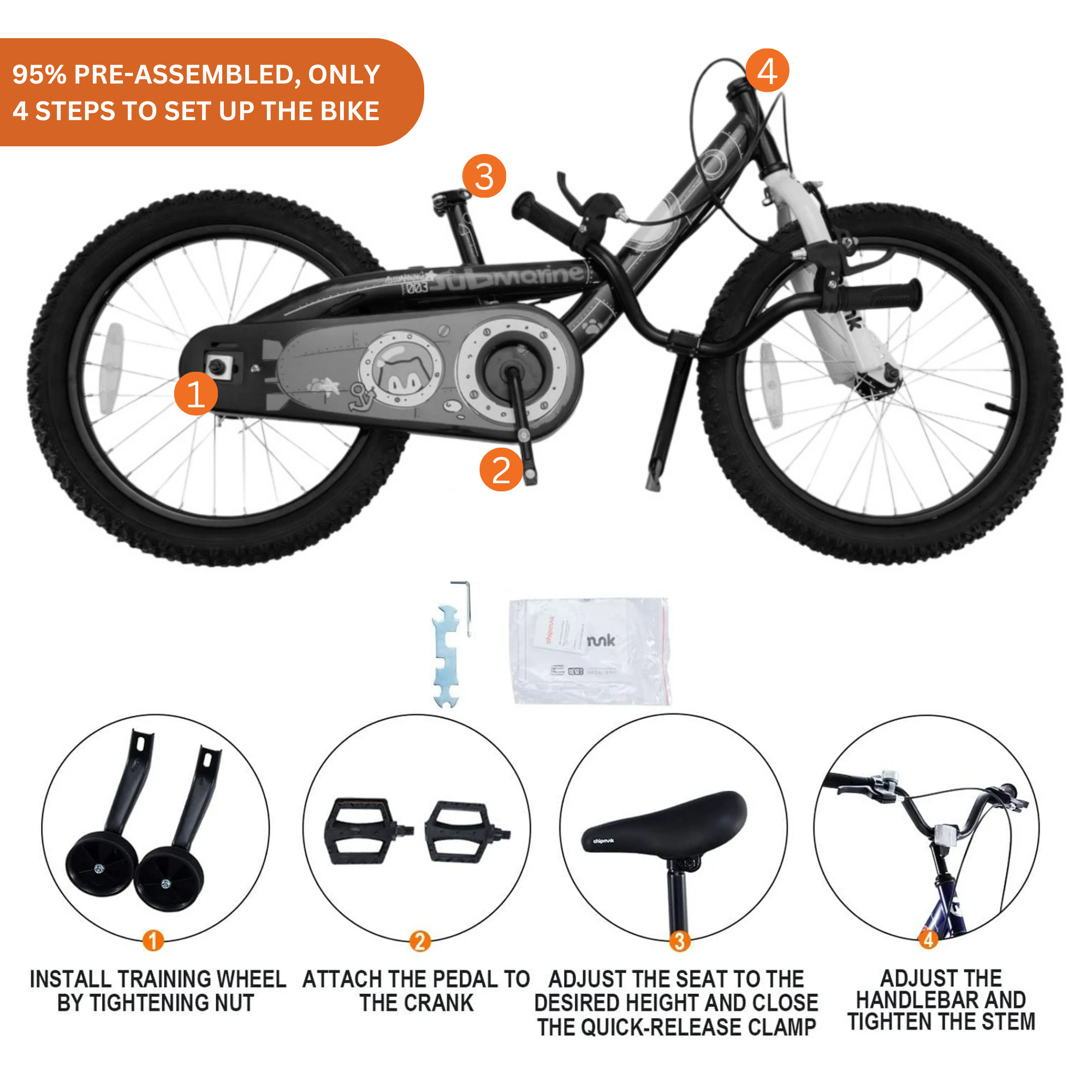 Chipmunk Submarine 18 Inch Bicycle with Lightweight Steel Frame, Adjustable Seat and Handle, Front + Rear Brakes, 95% Pre-Assembled Kid's Bikes with Training Wheels for Children 6-9 Years Old, Blue