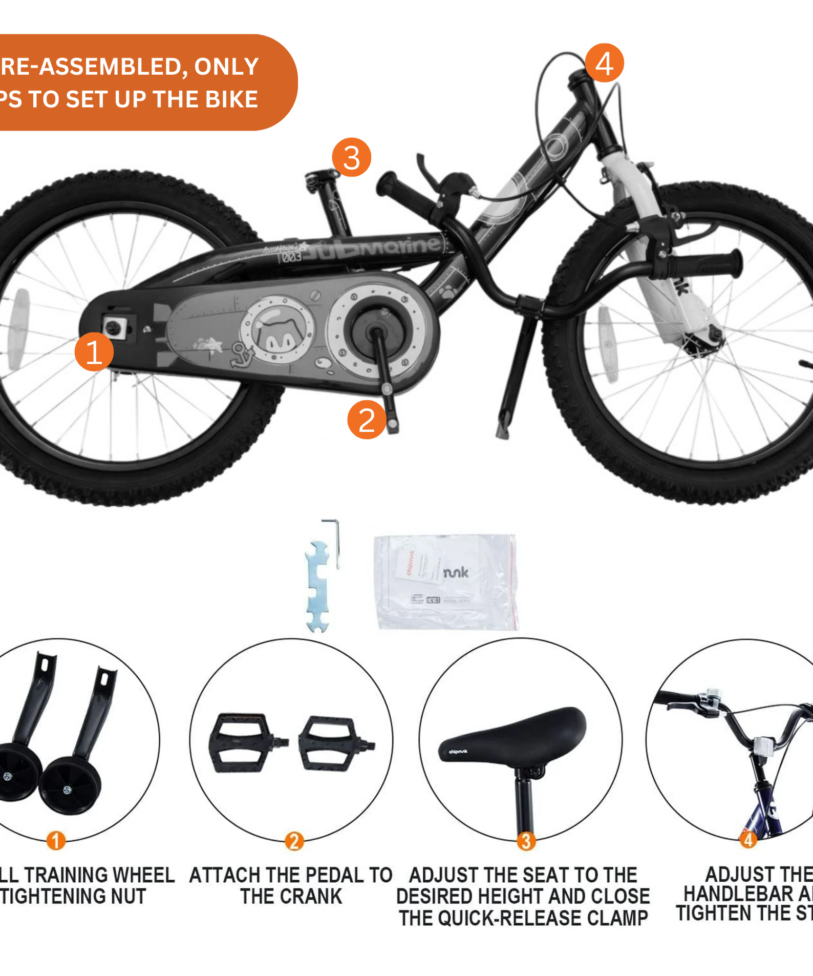 Chipmunk Submarine 16 Inch Bicycle with Lightweight Steel Frame, Adjustable Seat and Handle, Front + Rear Brakes, 95% Pre-Assembled Kid's Bikes with Training Wheels for Children 4-7 Years Old, Navy