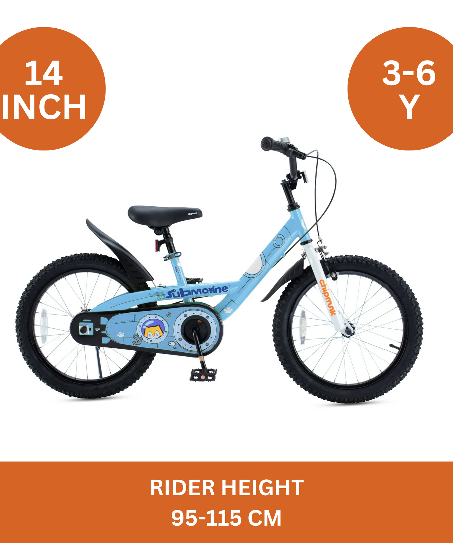 Chipmunk Submarine 14 Inch Bicycle with Lightweight Steel Frame, Adjustable Seat and Handle, Front + Rear Brakes, 95% Pre-Assembled Kid's Bikes with Training Wheels for Children 3-6 Years Old, Blue