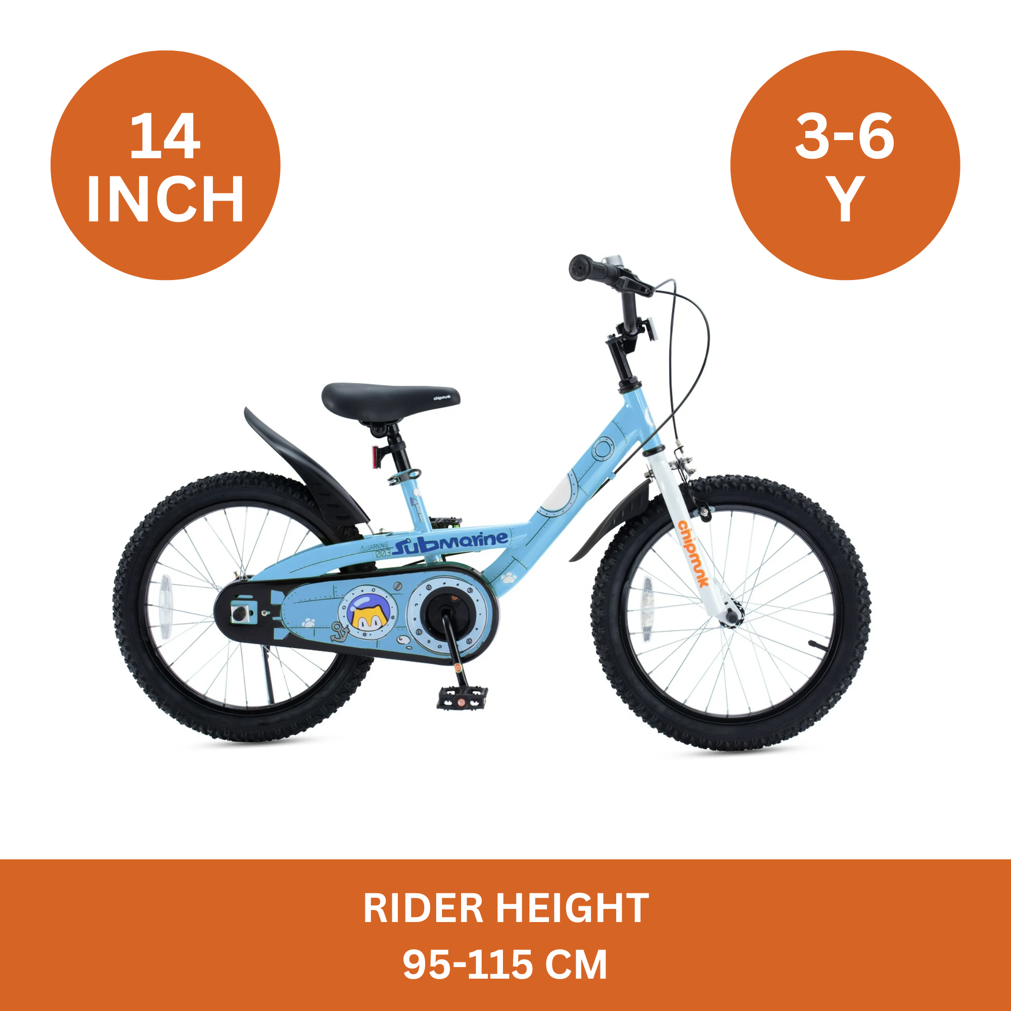 Chipmunk Submarine 14 Inch Bicycle with Lightweight Steel Frame, Adjustable Seat and Handle, Front + Rear Brakes, 95% Pre-Assembled Kid's Bikes with Training Wheels for Children 3-6 Years Old, Blue