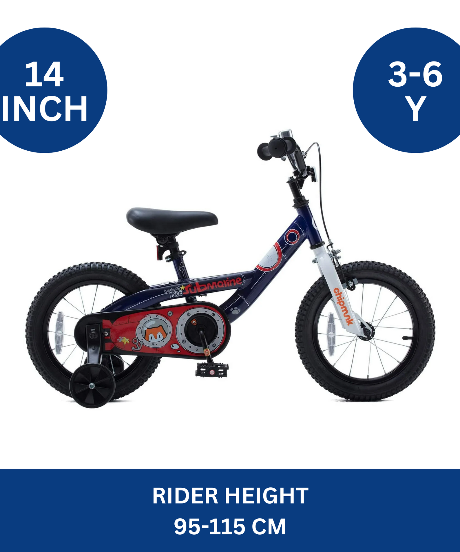 Chipmunk Submarine 14 Inch Bicycle with Lightweight Steel Frame, Adjustable Seat and Handle, Front + Rear Brakes, 95% Pre-Assembled Kid's Bikes with Training Wheels for Children 3-6 Years Old, Navy