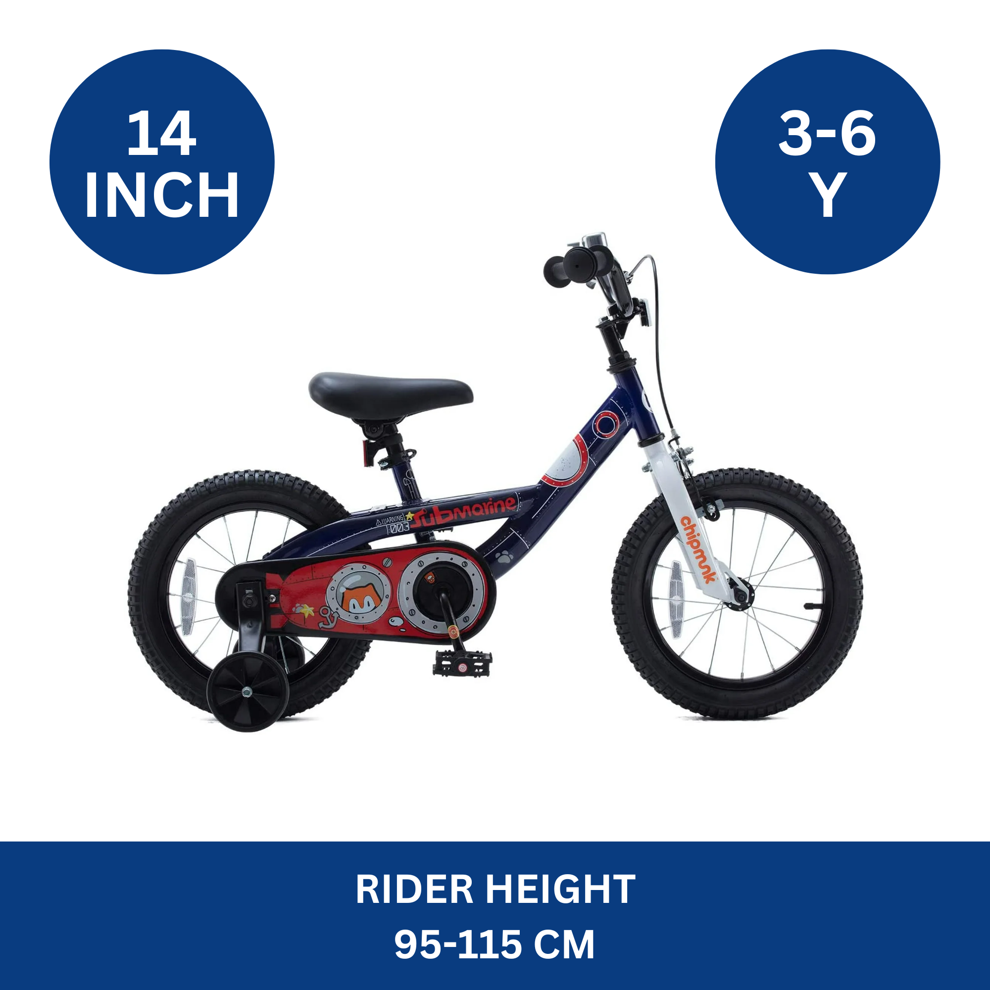 Chipmunk Submarine 14 Inch Bicycle with Lightweight Steel Frame, Adjustable Seat and Handle, Front + Rear Brakes, 95% Pre-Assembled Kid's Bikes with Training Wheels for Children 3-6 Years Old, Navy