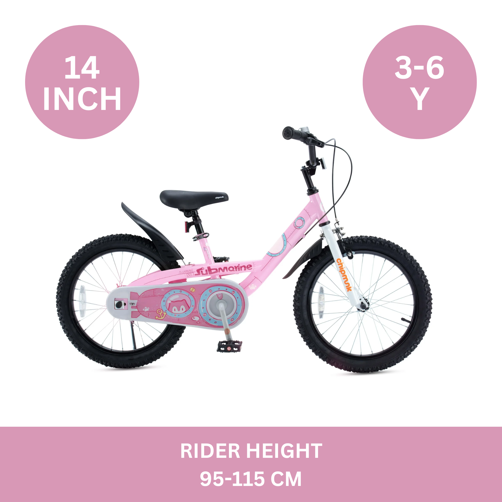 Chipmunk Submarine 14 Inch Bicycle with Lightweight Steel Frame, Adjustable Seat and Handle, Front + Rear Brakes, 95% Pre-Assembled Kid's Bikes with Training Wheels for Children 3-6 Years Old, Pink