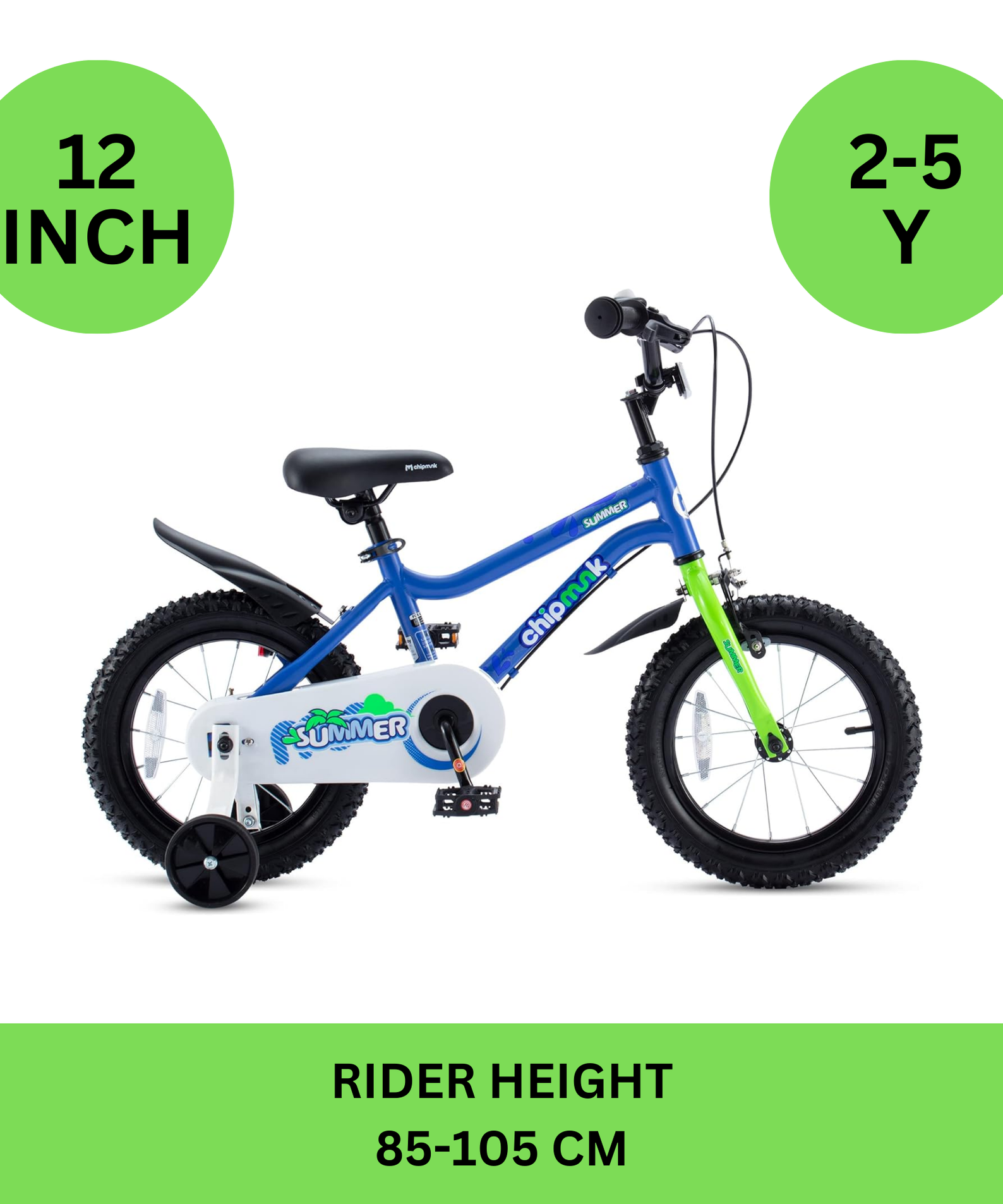 Chipmunk MK 12 Inch Bicycle with Lightweight Steel Frame, Adjustable Seat and Handle, Front + Rear Brakes, 95% Pre-Assembled Kid's Bikes with Training Wheels for Children 2-5 Years Old, Blue