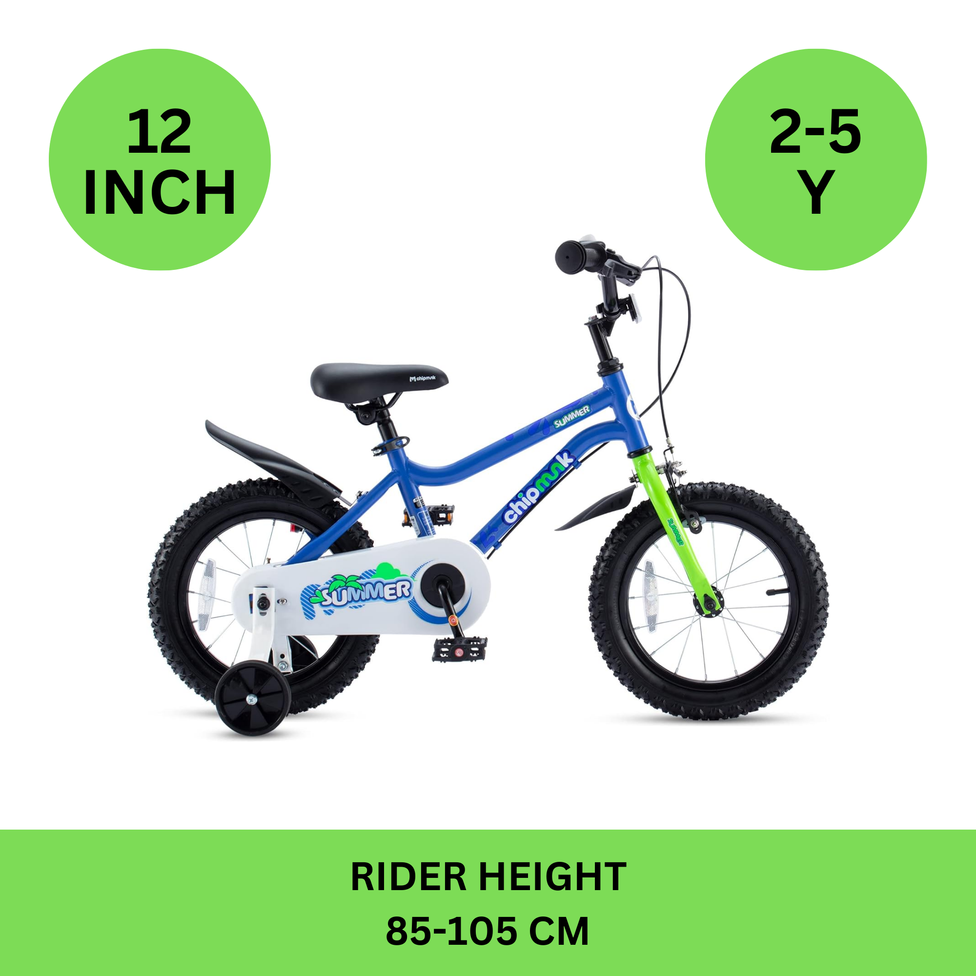 Chipmunk MK 12 Inch Bicycle with Lightweight Steel Frame, Adjustable Seat and Handle, Front + Rear Brakes, 95% Pre-Assembled Kid's Bikes with Training Wheels for Children 2-5 Years Old, Blue