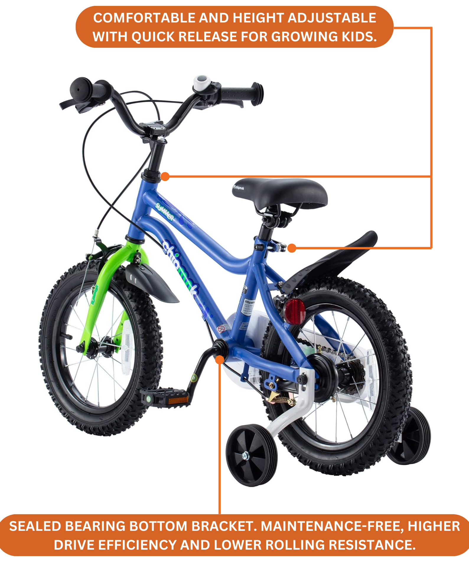 Chipmunk MK 14 Inch Bicycle with Lightweight Steel Frame, Adjustable Seat and Handle, Front + Rear Brakes, 95% Pre-Assembled Kid's Bikes with Training Wheels for Children 3-6 Years Old, Blue
