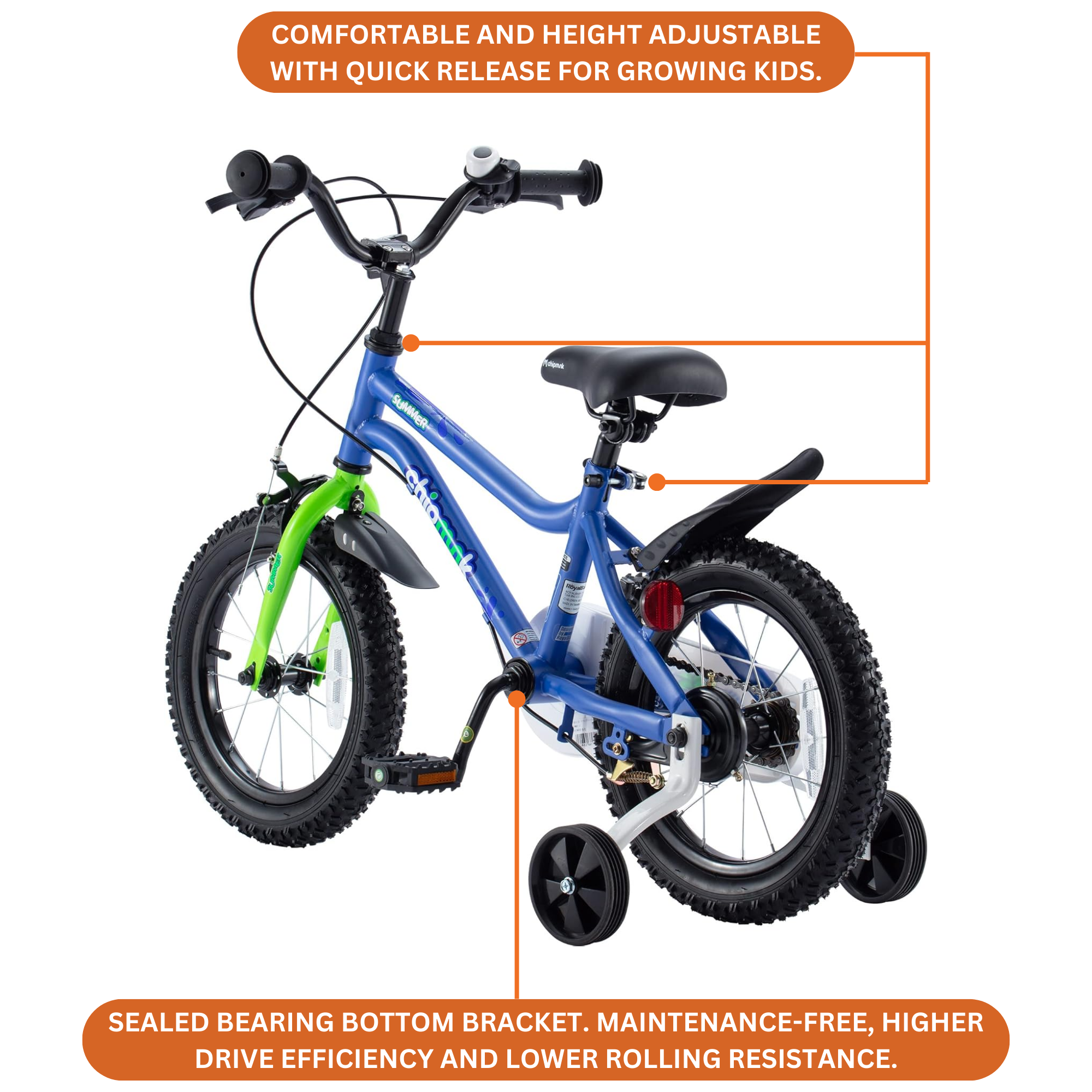 Chipmunk MK 14 Inch Bicycle with Lightweight Steel Frame, Adjustable Seat and Handle, Front + Rear Brakes, 95% Pre-Assembled Kid's Bikes with Training Wheels for Children 3-6 Years Old, Blue