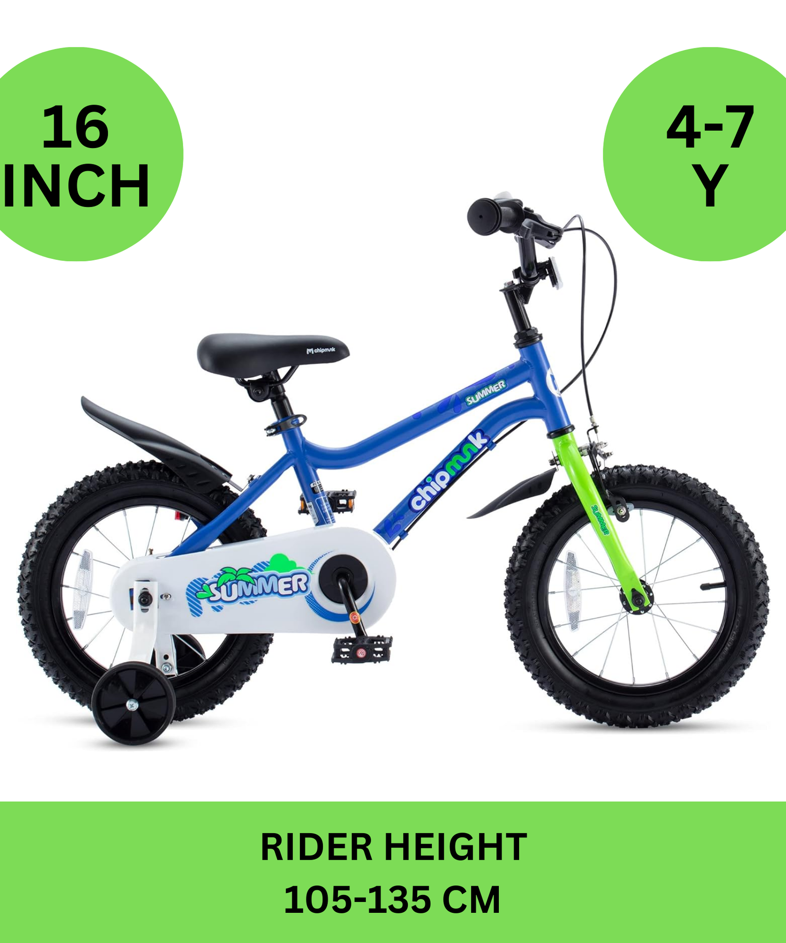 Chipmunk MK 16 Inch Bicycle with Lightweight Steel Frame, Adjustable Seat and Handle, Front + Rear Brakes, 95% Pre-Assembled Kid's Bikes with Training Wheels for Children 4-7 Years Old, Blue
