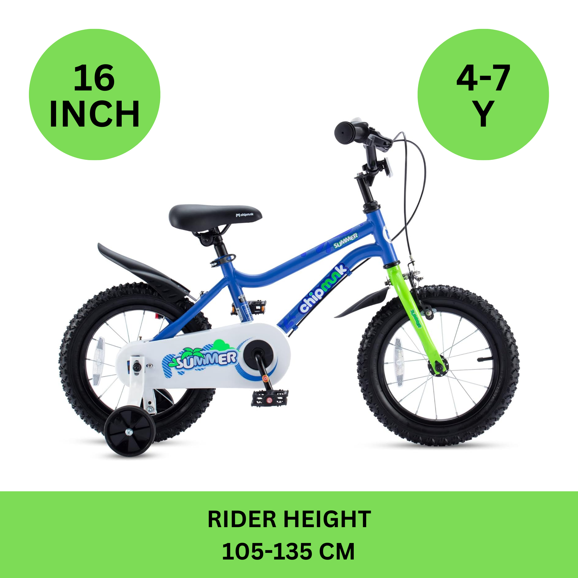 Chipmunk MK 16 Inch Bicycle with Lightweight Steel Frame, Adjustable Seat and Handle, Front + Rear Brakes, 95% Pre-Assembled Kid's Bikes with Training Wheels for Children 4-7 Years Old, Blue