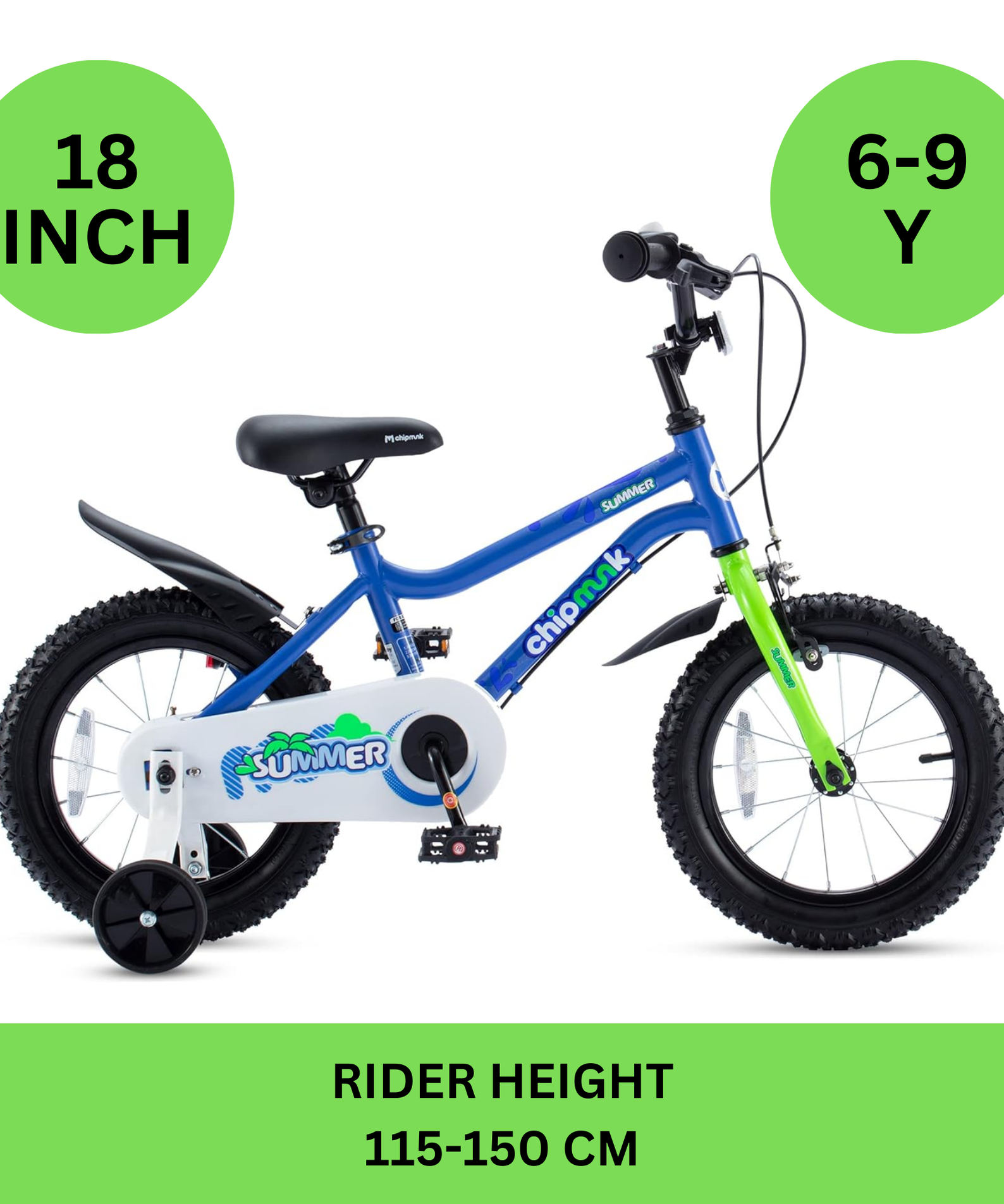 Chipmunk MK 18 Inch Bicycle with Lightweight Steel Frame, Adjustable Seat and Handle, Front + Rear Brakes, 95% Pre-Assembled Kid's Bikes with Training Wheels for Children 6-9 Years Old, Blue
