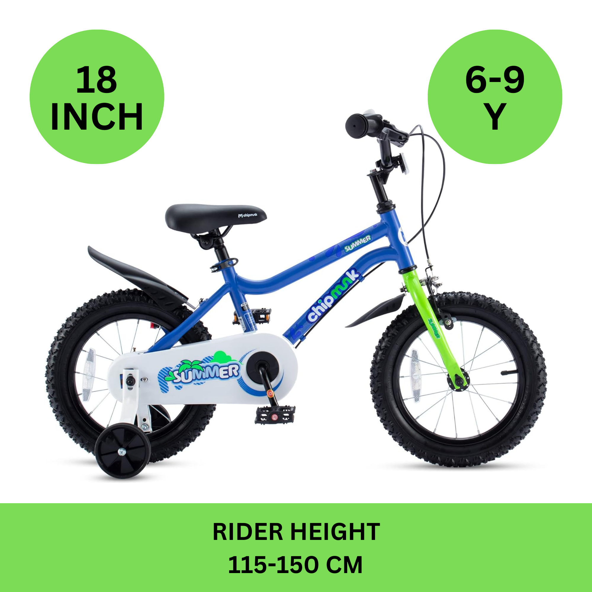 Chipmunk MK 18 Inch Bicycle with Lightweight Steel Frame, Adjustable Seat and Handle, Front + Rear Brakes, 95% Pre-Assembled Kid's Bikes with Training Wheels for Children 6-9 Years Old, Blue
