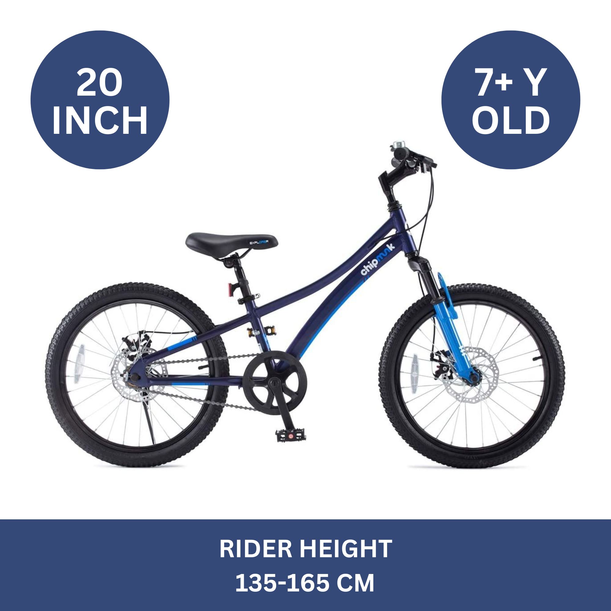 Chipmunk Explorer 20 Inch Bicycle with Lightweight Aluminium Frame, Adjustable Seat and Handle, Front + Rear Brakes, 95% Pre-Assembled Kid's Bikes with Kickstand for Children 8-12 Years Old, Blue