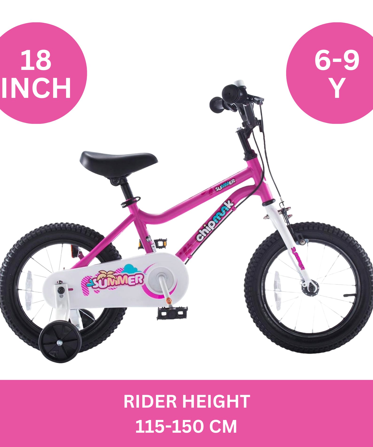 Chipmunk MK 18 Inch Bicycle with Lightweight Steel Frame, Adjustable Seat and Handle, Front + Rear Brakes, 95% Pre-Assembled Kid's Bikes with Training Wheels for Children 6-9 Years Old, Pink