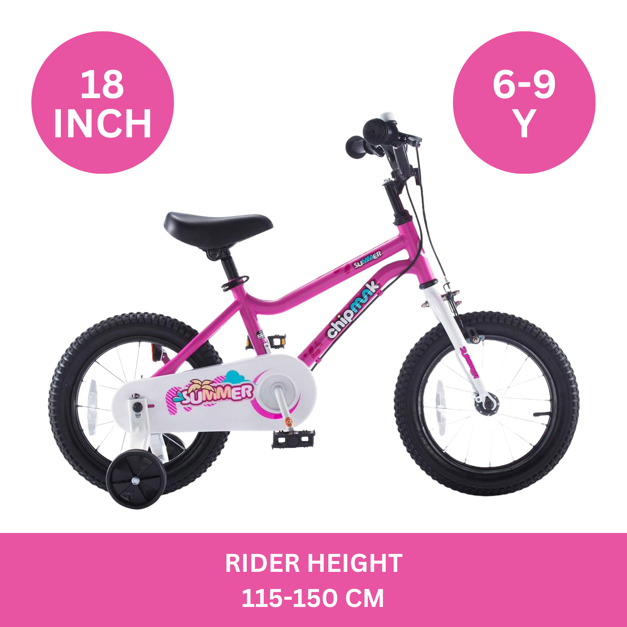 Chipmunk MK 18 Inch Bicycle with Lightweight Steel Frame, Adjustable Seat and Handle, Front + Rear Brakes, 95% Pre-Assembled Kid's Bikes with Training Wheels for Children 6-9 Years Old, Pink