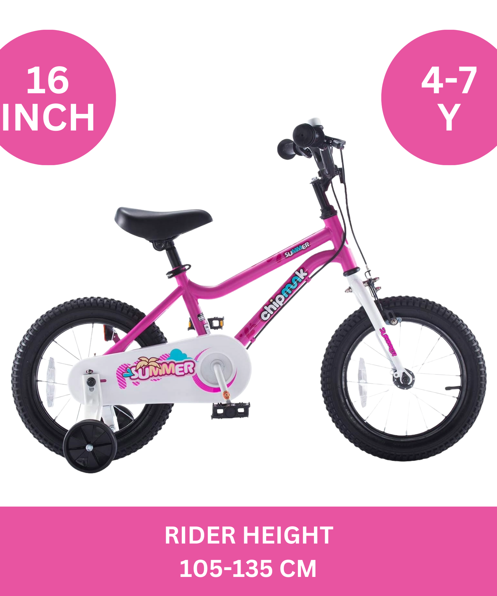 Chipmunk MK 16 Inch Bicycle with Lightweight Steel Frame, Adjustable Seat and Handle, Front + Rear Brakes, 95% Pre-Assembled Kid's Bikes with Training Wheels for Children 4-7 Years Old, Pink
