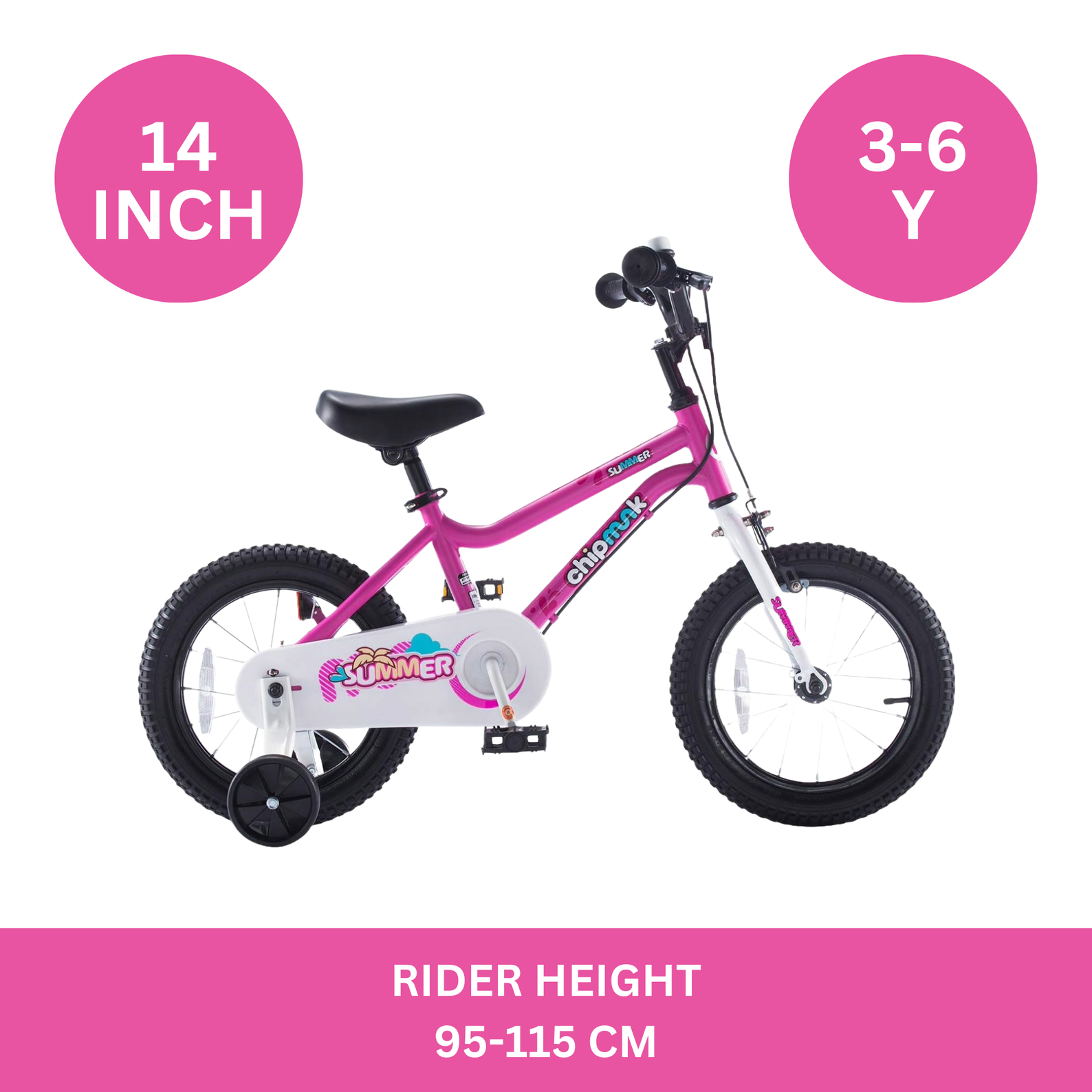Chipmunk MK 14 Inch Bicycle with Lightweight Steel Frame, Adjustable Seat and Handle, Front + Rear Brakes, 95% Pre-Assembled Kid's Bikes with Training Wheels for Children 3-6 Years Old, Pink