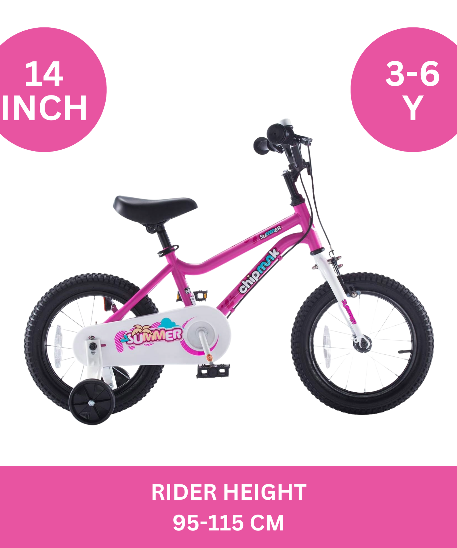 Chipmunk MK 14 Inch Bicycle with Lightweight Steel Frame, Adjustable Seat and Handle, Front + Rear Brakes, 95% Pre-Assembled Kid's Bikes with Training Wheels for Children 3-6 Years Old, Pink