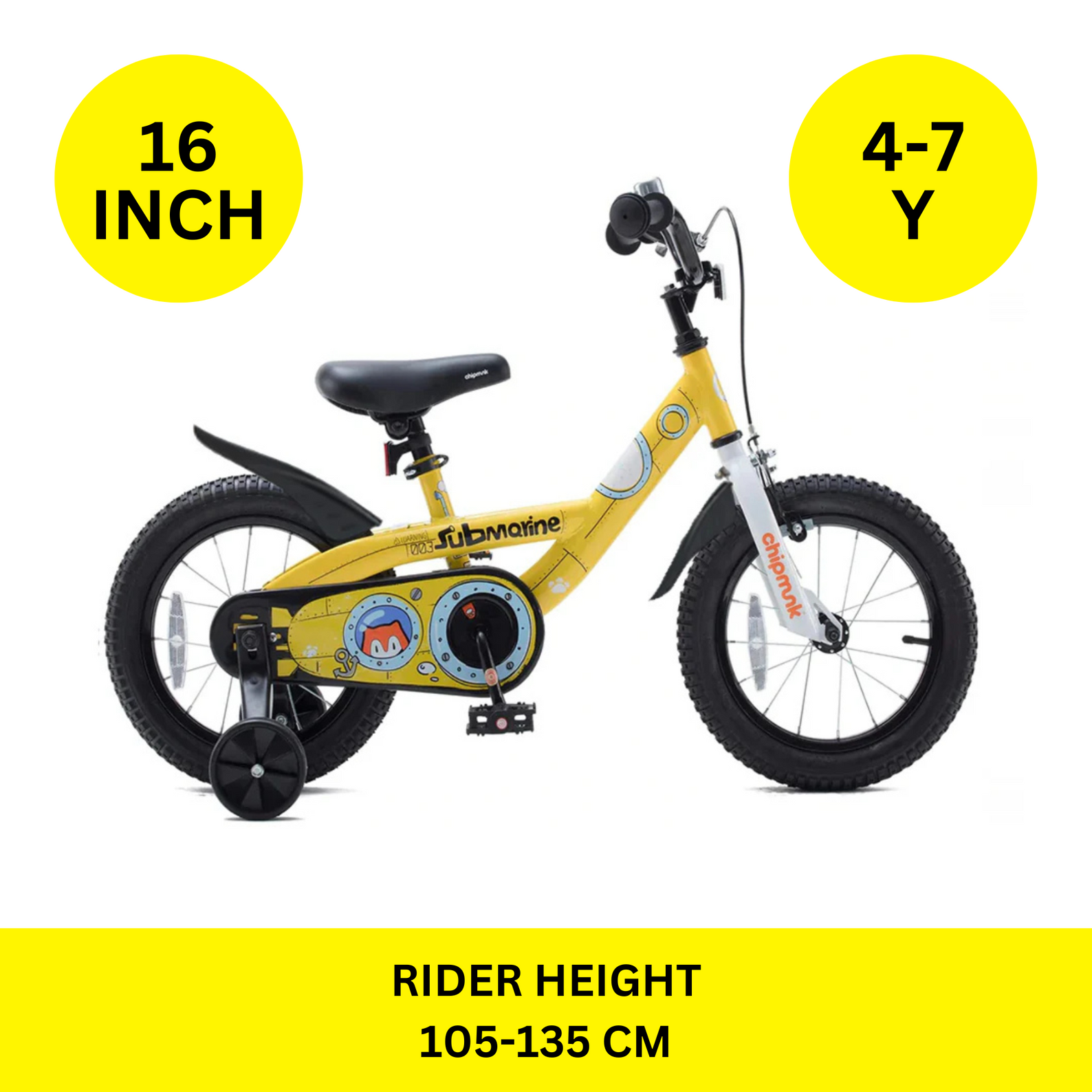Chipmunk Submarine 16 Inch Bicycle with Lightweight Steel Frame, Adjustable Seat and Handle, Front + Rear Brakes, 95% Pre-Assembled Kid's Bikes with Training Wheels for Children 4-7 Years Old, Yellow