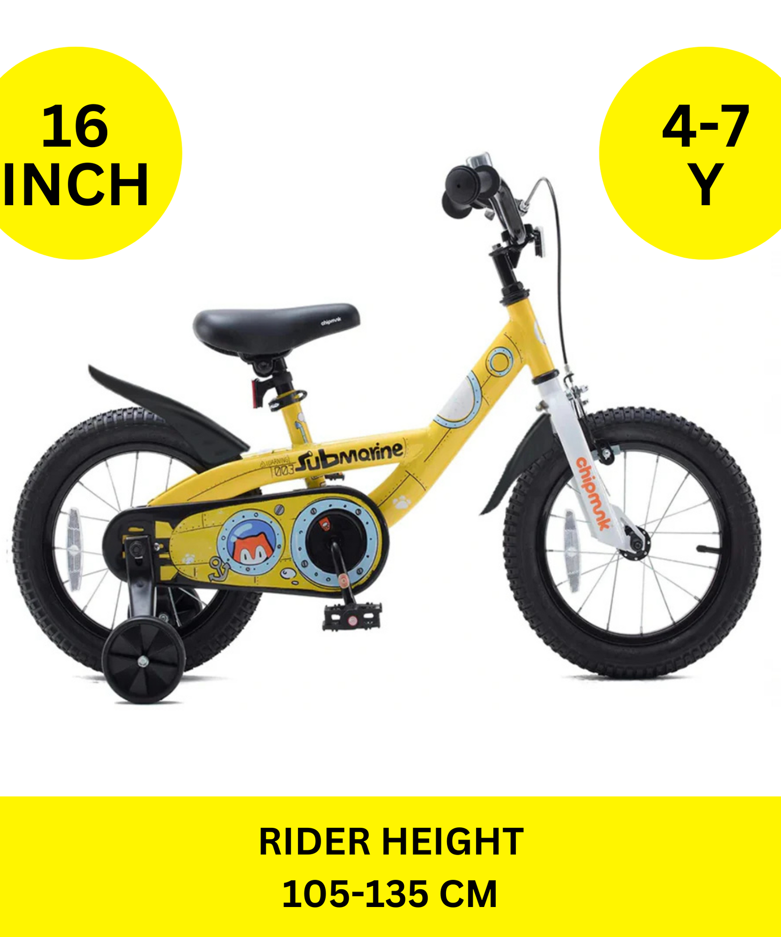 Chipmunk Submarine 16 Inch Bicycle with Lightweight Steel Frame, Adjustable Seat and Handle, Front + Rear Brakes, 95% Pre-Assembled Kid's Bikes with Training Wheels for Children 4-7 Years Old, Yellow