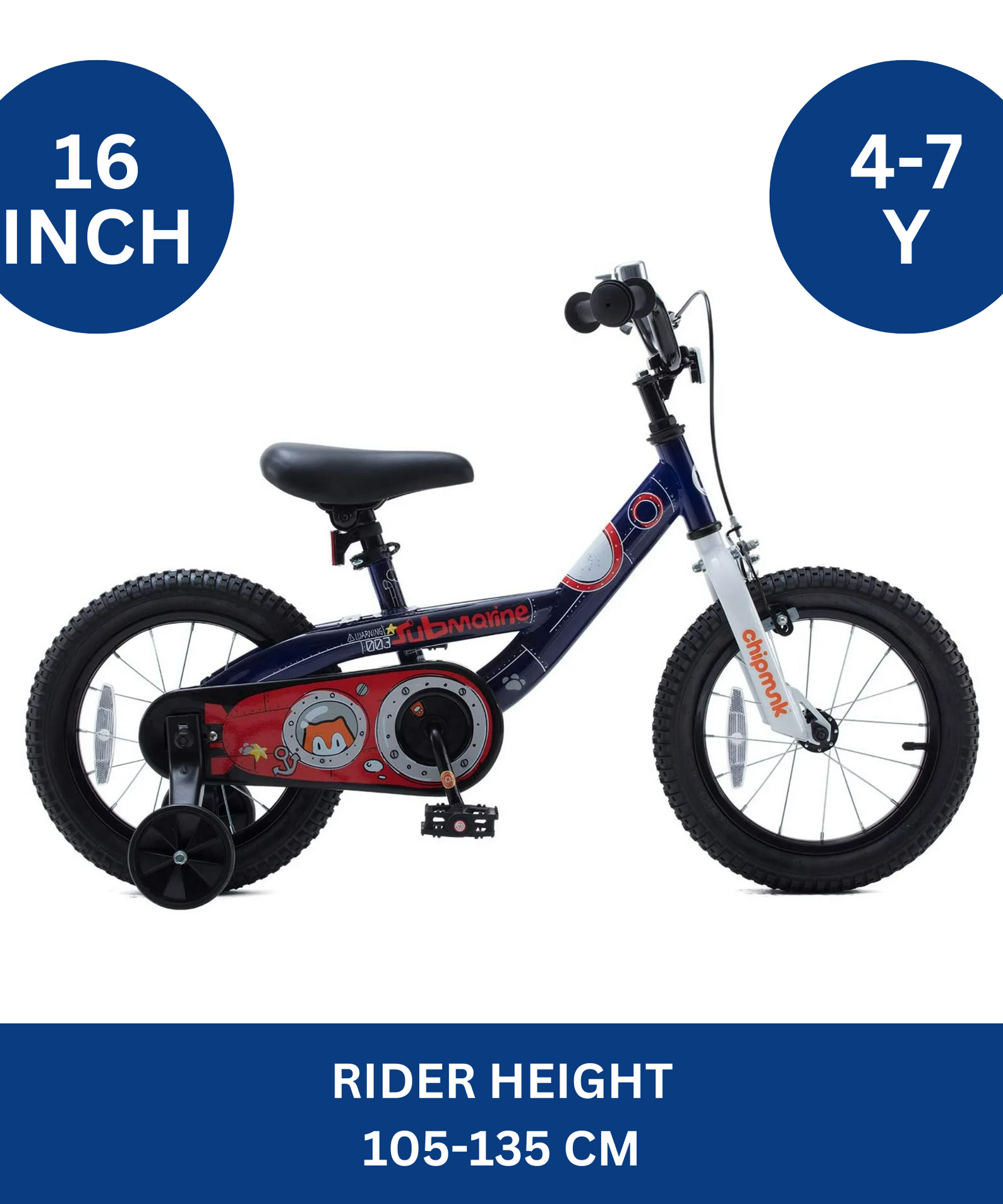 Chipmunk Submarine 16 Inch Bicycle with Lightweight Steel Frame, Adjustable Seat and Handle, Front + Rear Brakes, 95% Pre-Assembled Kid's Bikes with Training Wheels for Children 4-7 Years Old, Navy