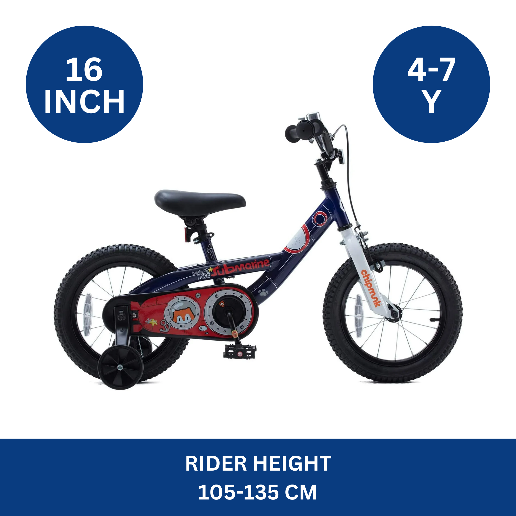 Chipmunk Submarine 16 Inch Bicycle with Lightweight Steel Frame, Adjustable Seat and Handle, Front + Rear Brakes, 95% Pre-Assembled Kid's Bikes with Training Wheels for Children 4-7 Years Old, Navy