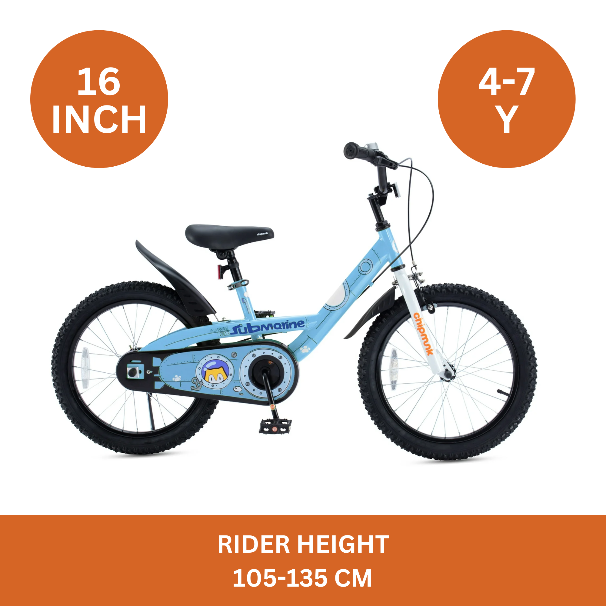 Chipmunk Submarine 16 Inch Bicycle with Lightweight Steel Frame, Adjustable Seat and Handle, Front + Rear Brakes, 95% Pre-Assembled Kid's Bikes with Training Wheels for Children 4-7 Years Old, Blue